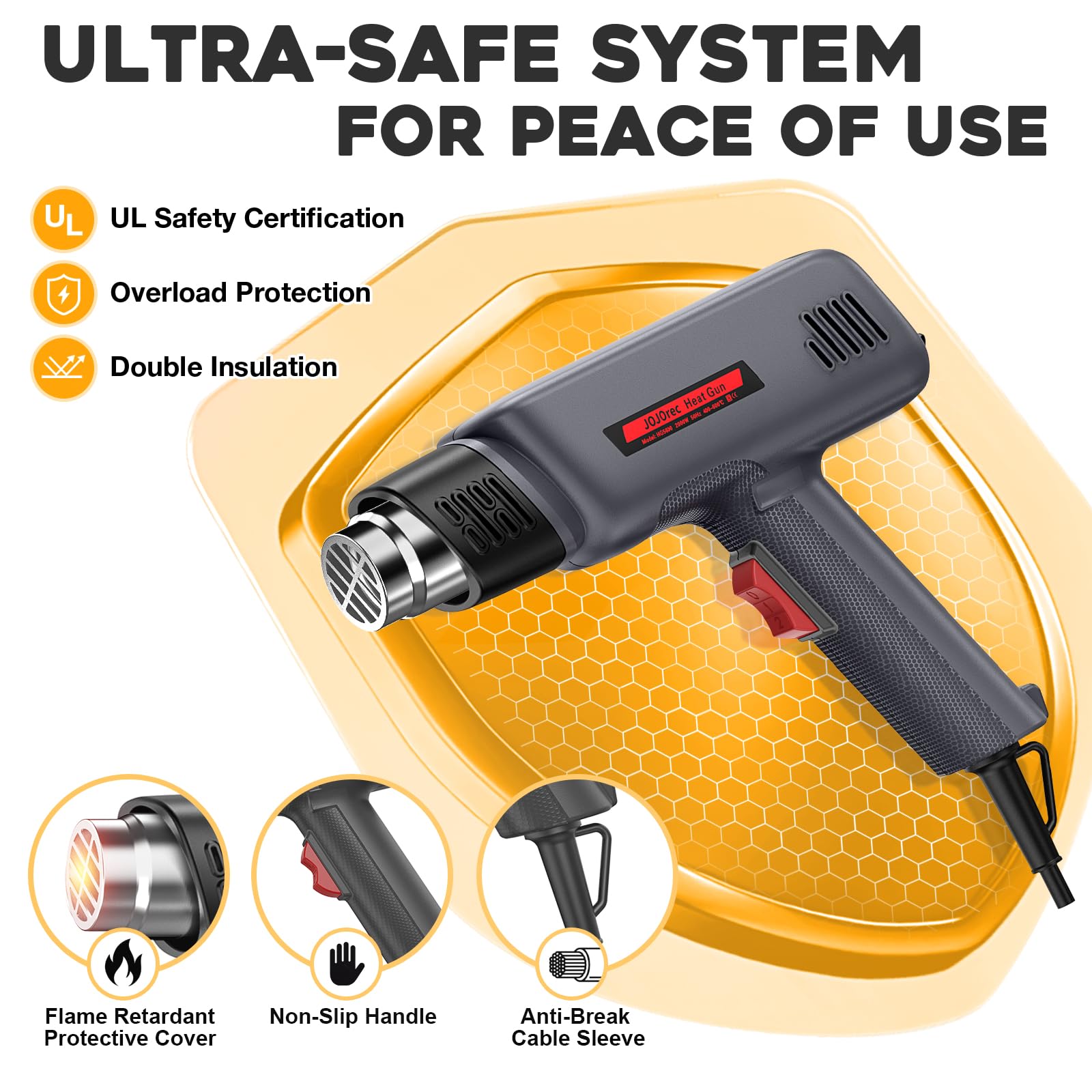 Pistola Termica, Pistola ad Aria Calda 2000W, 2 Temperatura 400ºC / 600ºC, con Protezione da Sovraccarico, Nuclei di Riscaldamento in ceramica, con 6 Accessori Per Sverniciare, Riscaldare