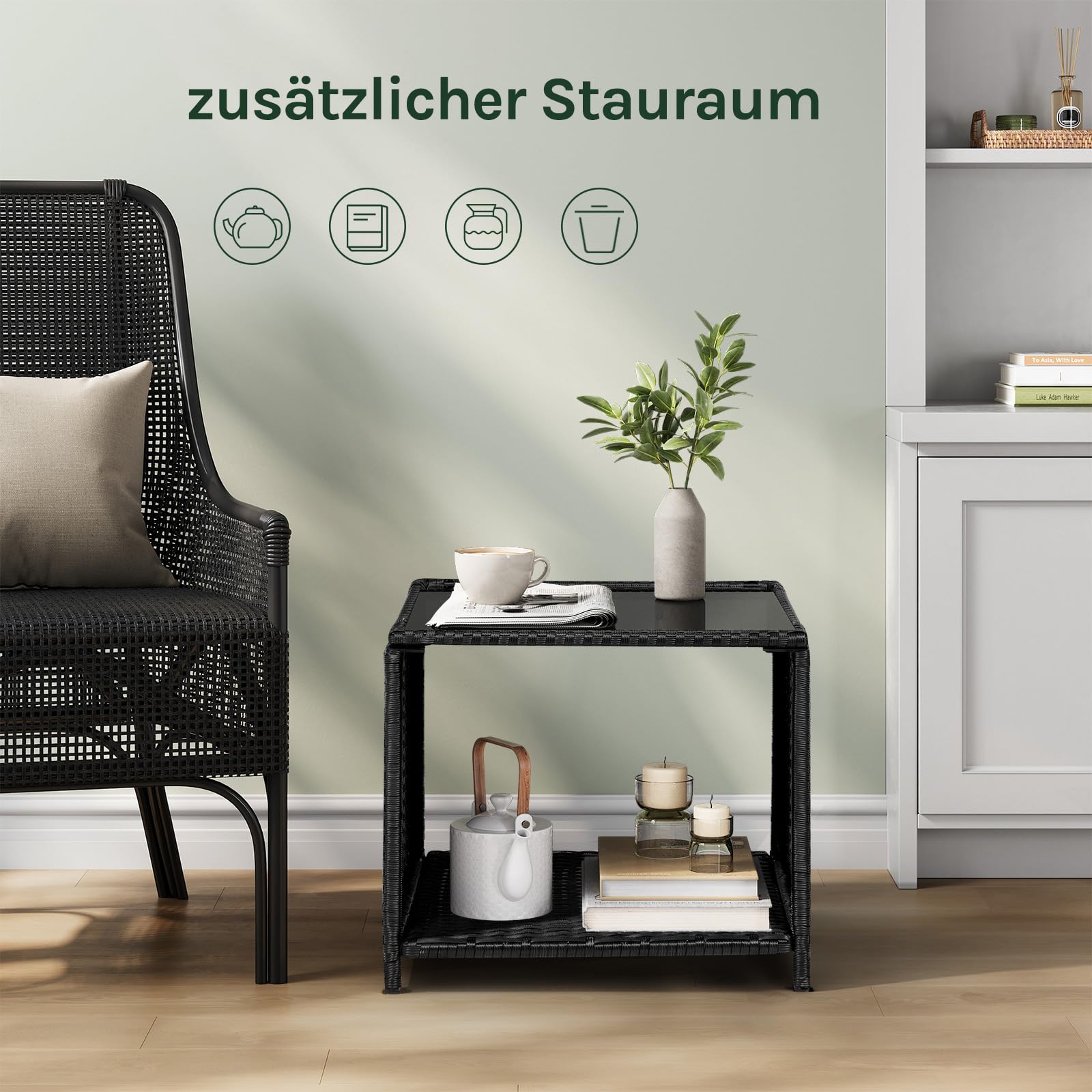 WOLTU Polyrattan Gartentisch, 45x40x45 cm, Beistelltisch mit Glasplatte offenem Fach, Balkontisch wetterfest, Terrassentisch, Outdoor Tisch, Schwarz