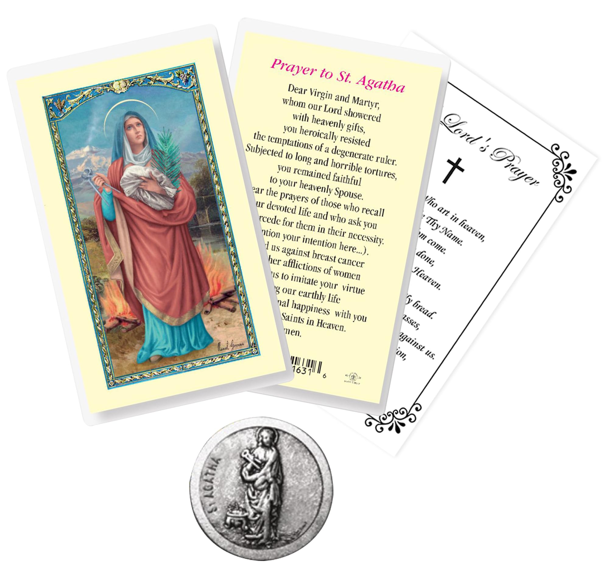TrendzeenLaminated St Agatha Prayer Card - St Agatha Patron Saint Of Breast Cancer Token, The Lord's Prayer Card | St Agatha Coin, Breast Cancer Prayer Card | Patron Saint Of Cancer Prayer Card, Set Of 3 Items