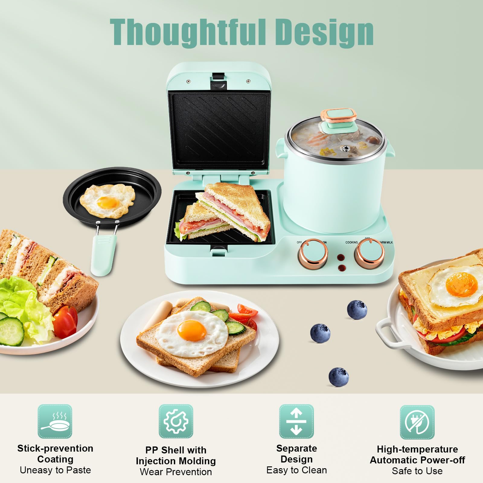 Liffshsy 3 in 1 Breakfast Station, Breakfast Station Main Body with 1.2L Soup Pot and Frying Pan Breakfast Sandwich Maker Machine, Non-stick Multifunctional Breakfast Station for Making Noodles