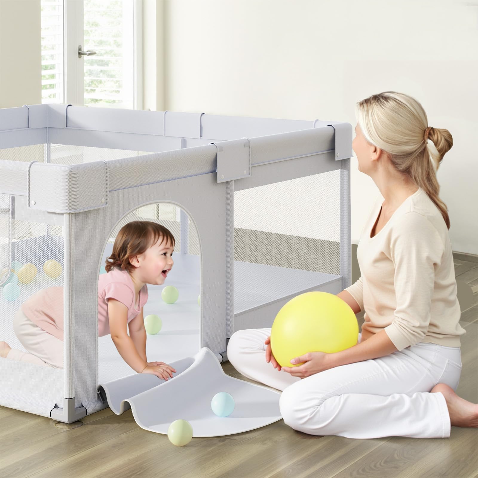 GERCHAM Babybox met speelmat, 90x90cm Kleine babybox, draagbare kinderspeelplaats met veiligheidshek Geschikt voor kinderactiviteiten binnen en buiten