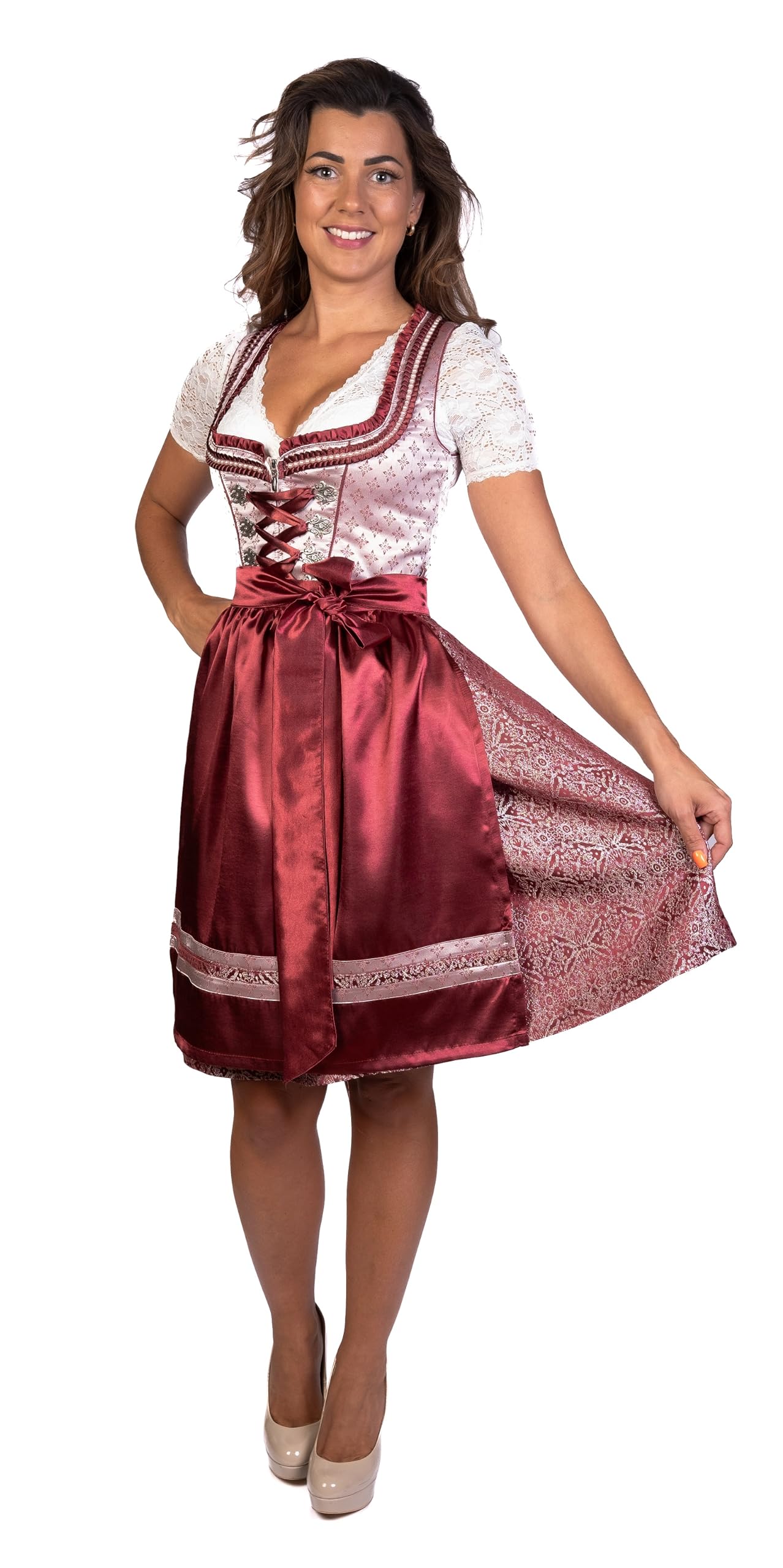 Trachtl Midi Dirndl Kerstin - Abito tradizionale Dirndl da donna, 2° TLG, vestito tradizionale e grembiule bordeaux