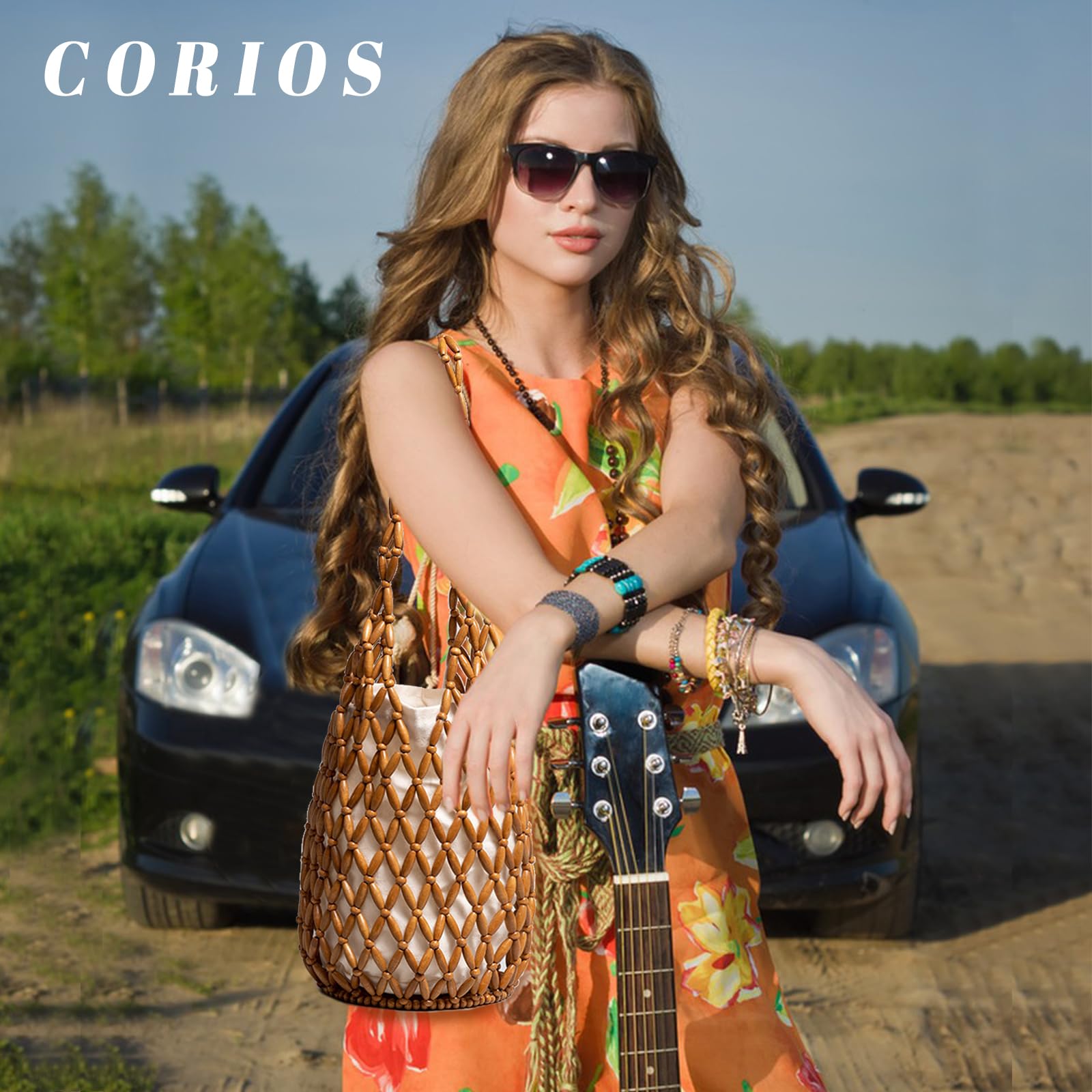 Tejidos a Mano para Mujer Madera Abalorios Bolsa de Cubo Tejido Bolsos de Playa Calado Bolso de Mano Bolso Tote para Estilo Boho Bolsos de Verano para Vacaciones Fiesta Citas Marrón