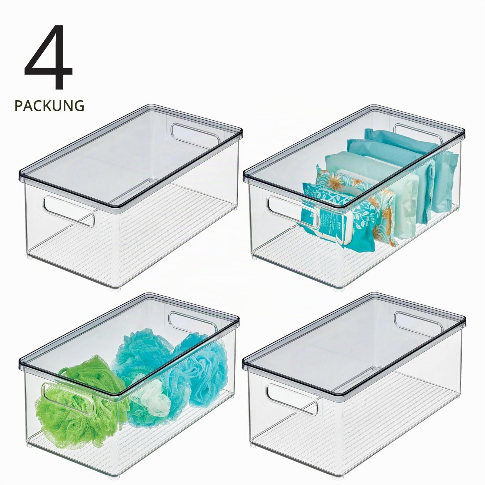 mDesign 4er-Set Kosmetik Organizer – praktische Kosmetikaufbewahrung aus Kunststoff mit abnehmbarem Deckel – stapelbare Kunststoffbox zur Aufbewahrung von Kosmetik und Make-up – durchsichtig/grau