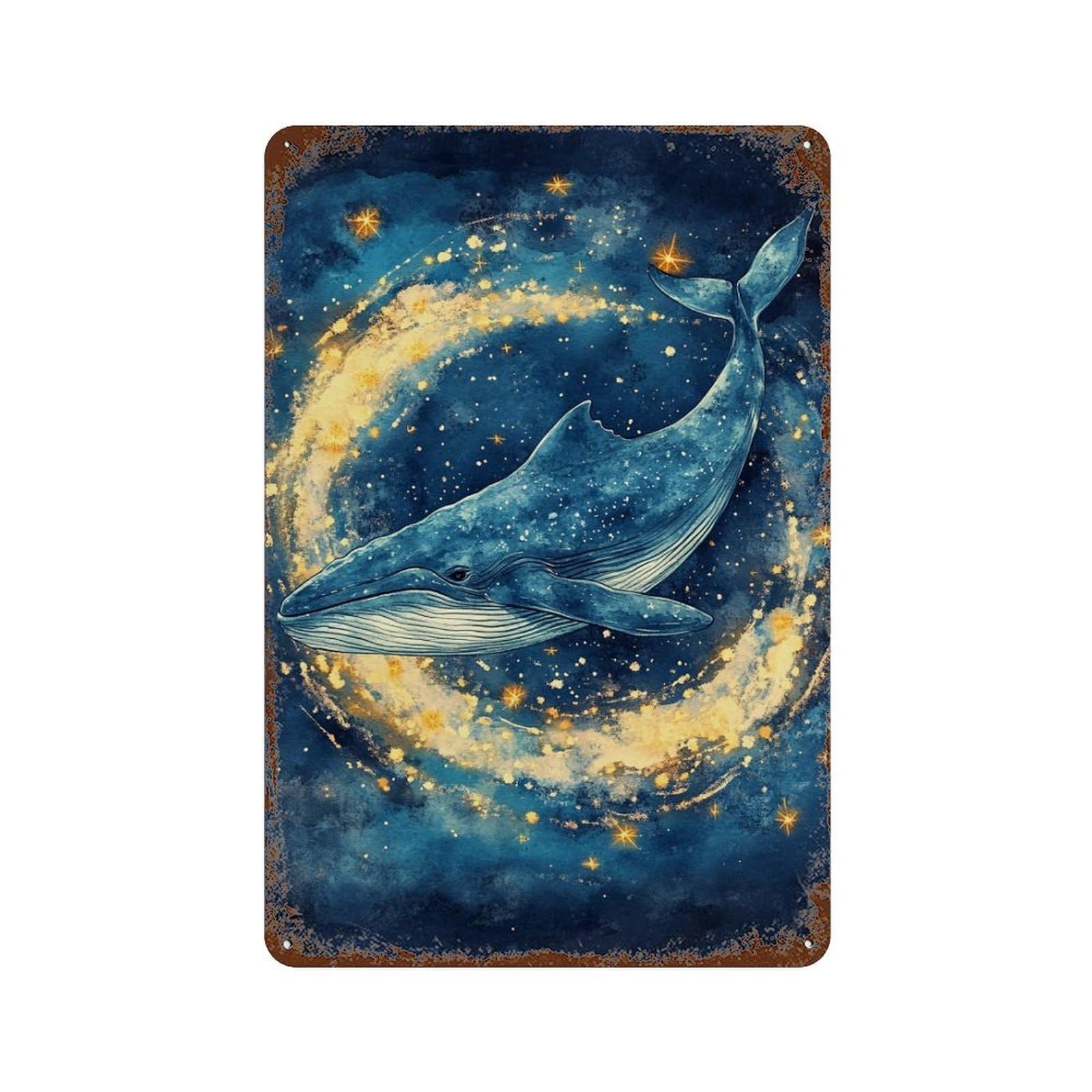 Rust Effect Tin Sign Whale in Starry Sky Art Print-2 11.8"x7.9", Industrial Home Decor for Garage, Bar And Workshop Decor