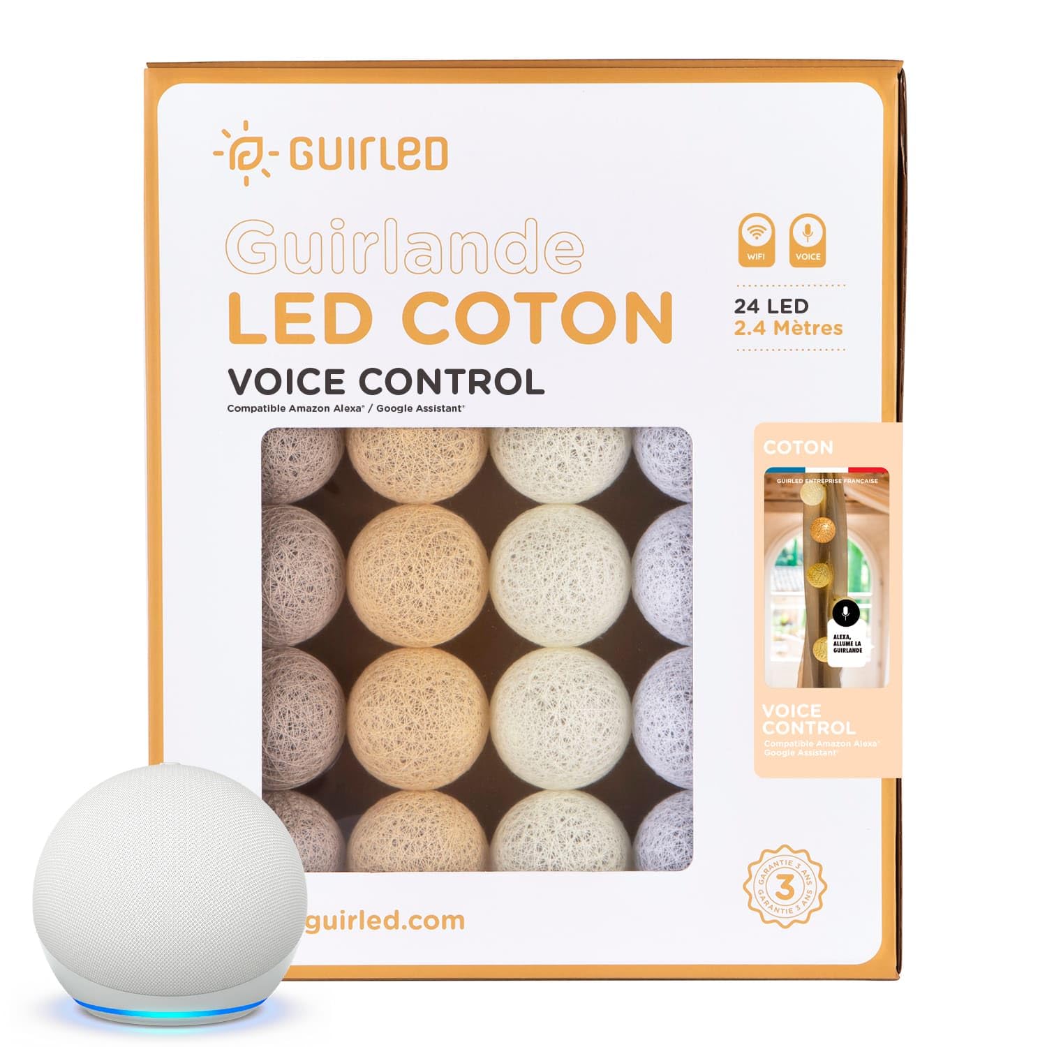 GuirLED - Guirlande lumineuse wifi boules coton LED USB - Commande Vocale - Maison connectée - Amazon Alexa & Google Assistant - Adaptateur secteur 2xUSB inclus - 24 boules 2.4 - Coton