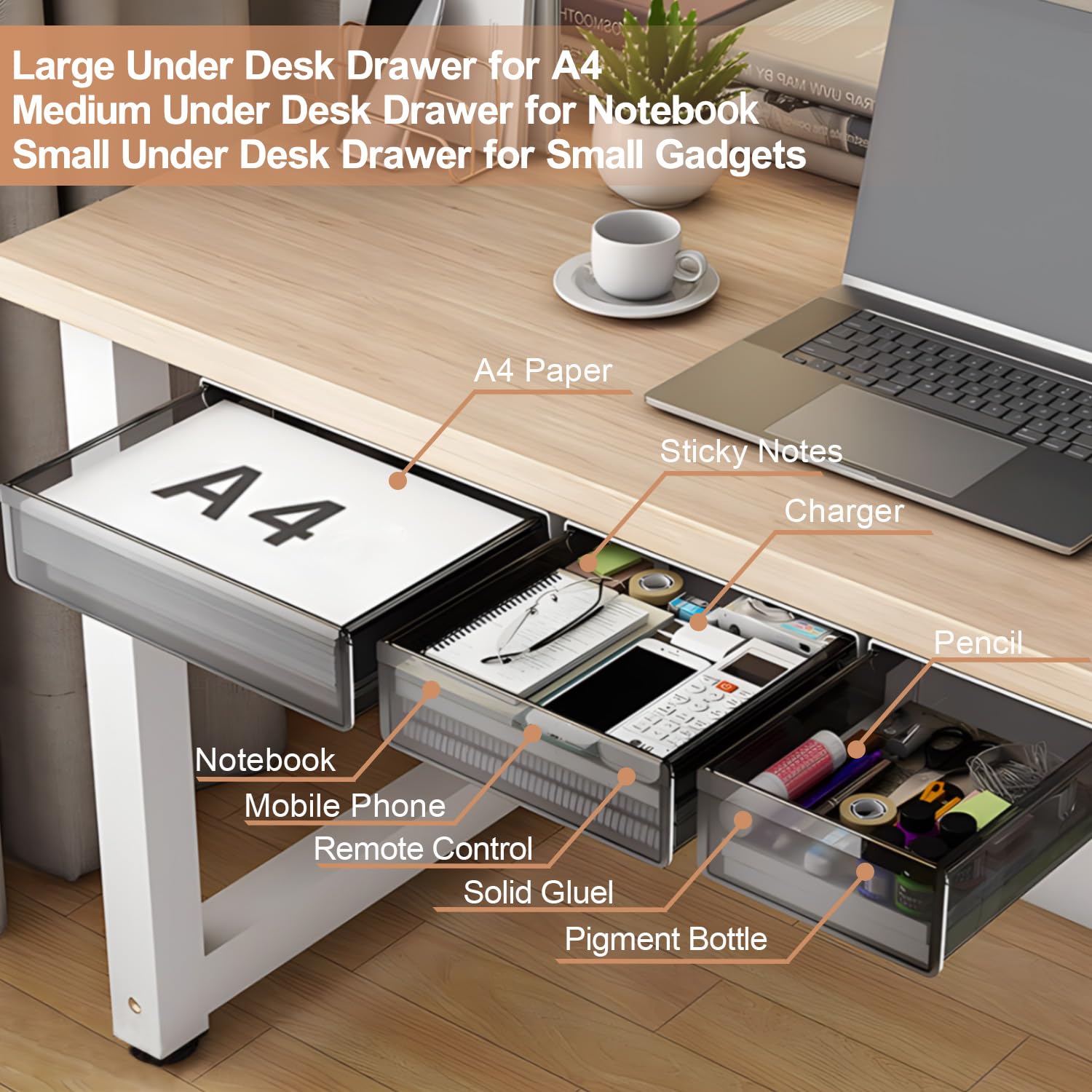SVNNELP Under Desk Table Drawer Storage Organizer,3 Pack Large & Medium & Small Slide Out Desk Drawers - Hidden Desktop Organizer,Attachable Pencil Storage Tray Under Table(SML)