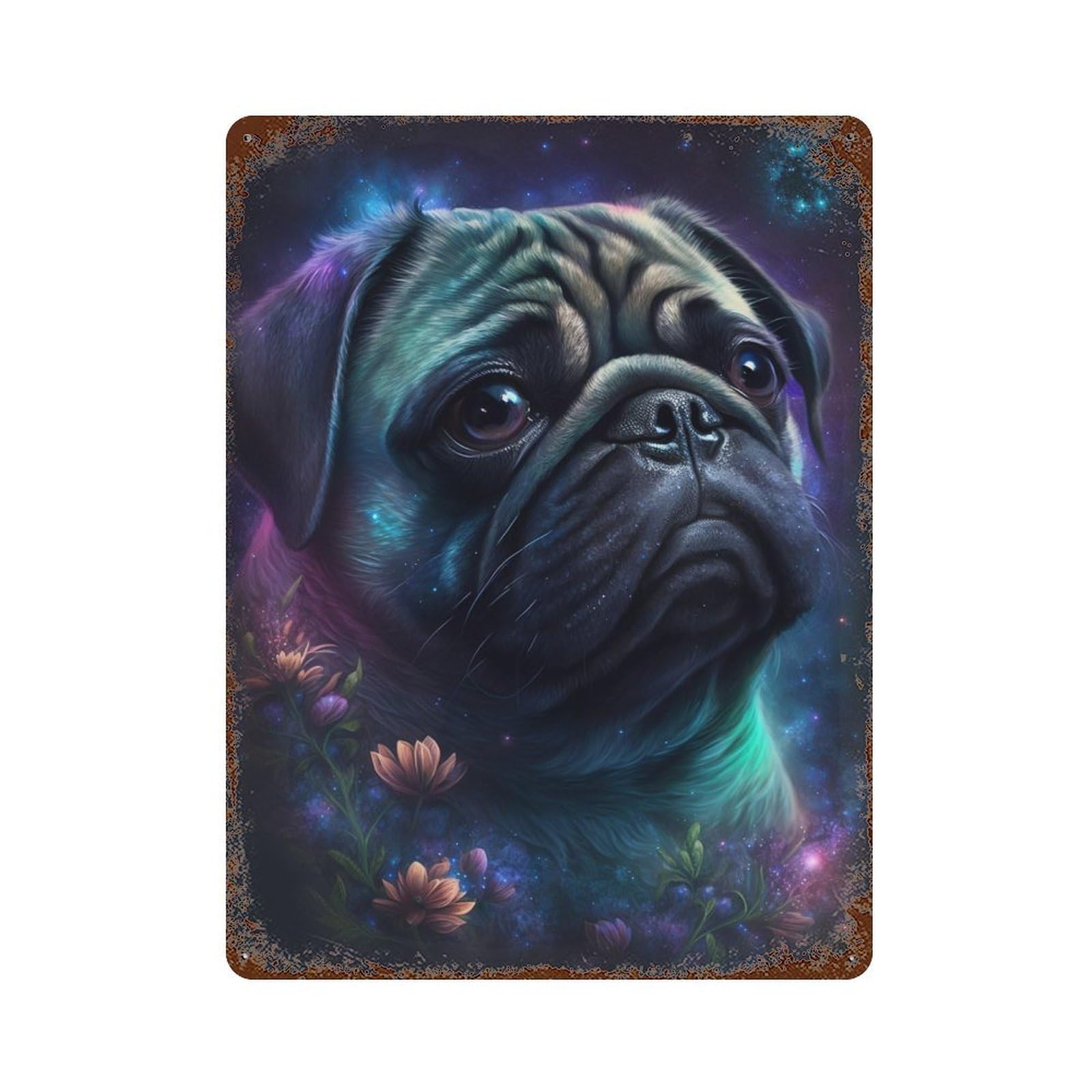 Garage Style Galactic Pug with Flowers -2 Rusty Metal Tin Sign 15.7"x11.8", Classic Wall Plaque for Bar And Workshop