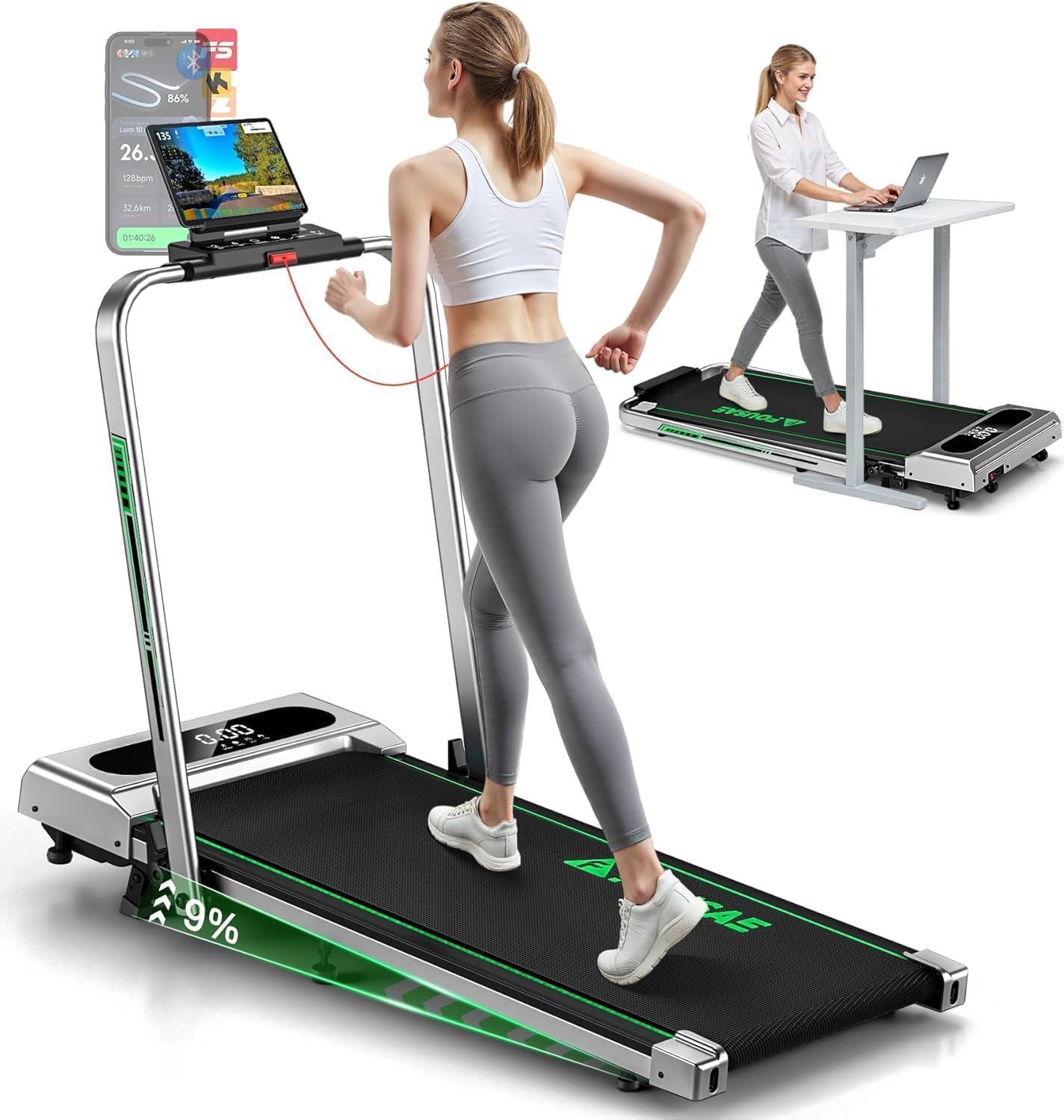 5 en 1 Cinta de Correr Plegable, 12KM/H Cinta de Correr con Inclinación 9%, 2.75 HP Cinta de Andar para Casa con Control Remoto y Pantalla LED, Apps y 12 Programas HIIT, Soporte 150 KG