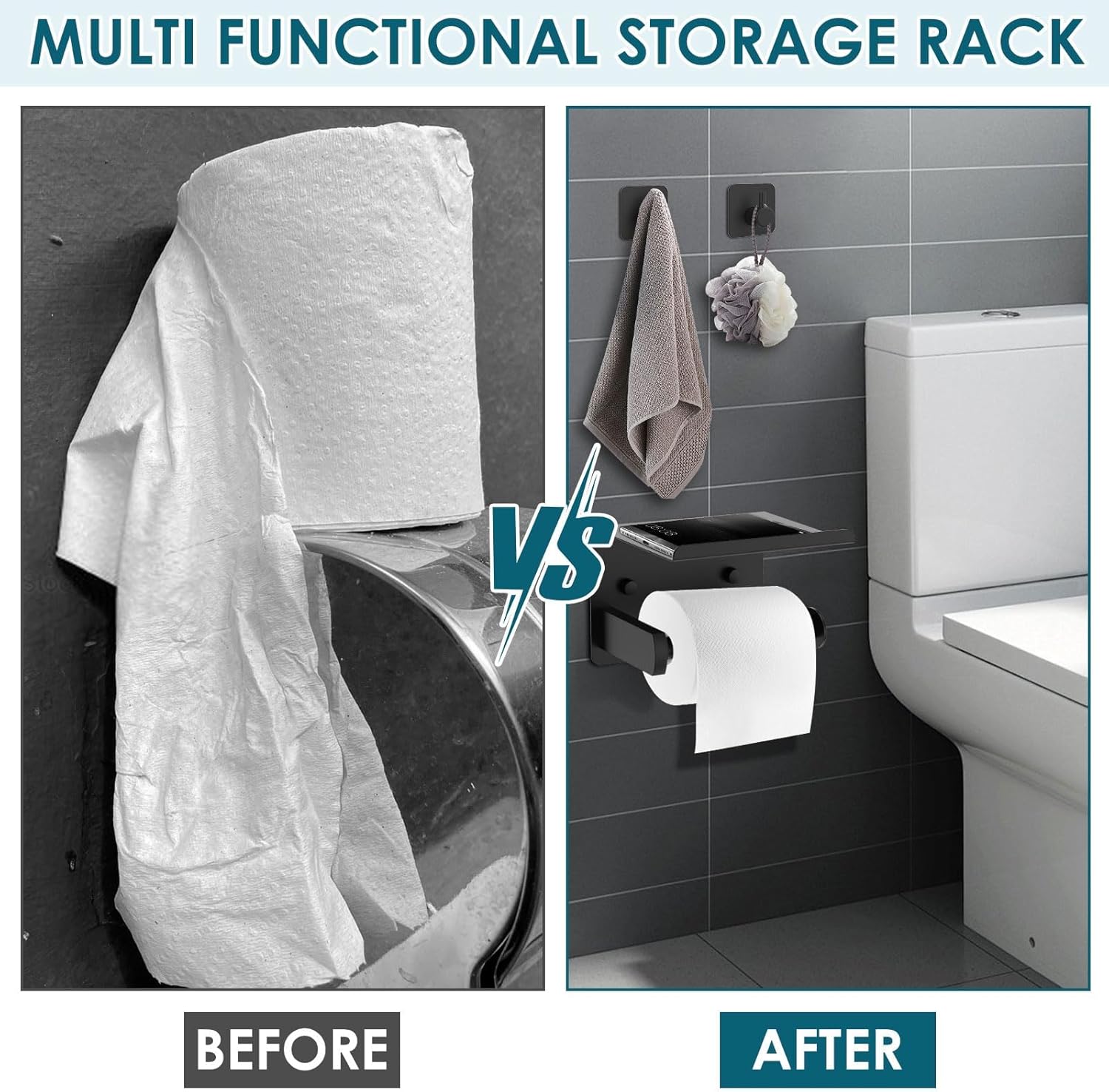 Wall - Mounted Toilet Paper Holder with Shelf, Practical Bathroom Accessory for RV, Camper & Home,Black