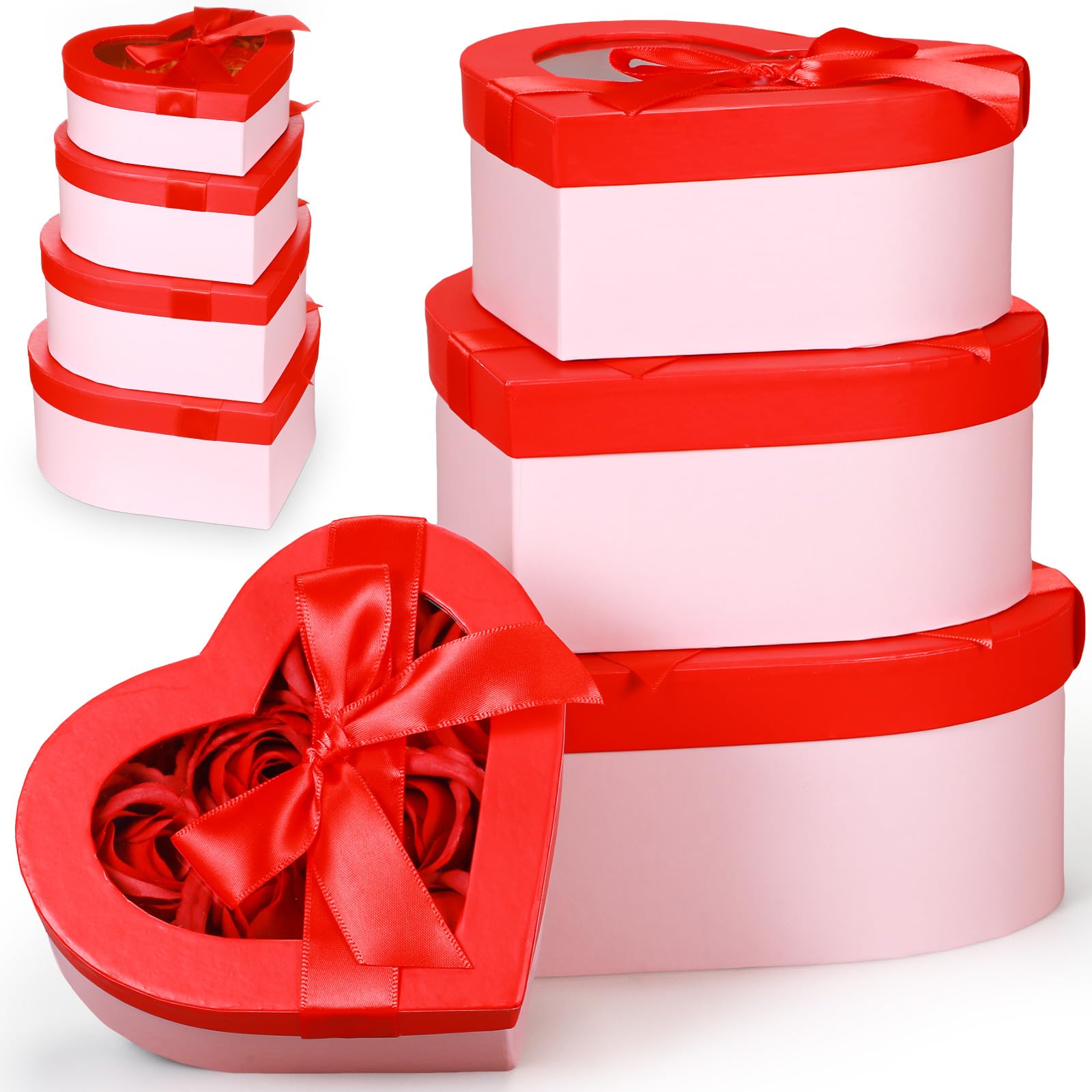 Engrowtic 4 Pcs Heart Shaped Flower Box Set with Clear Lid 6/6.5/7.5/8'' Flower Packaging Heart Gift Box Wrap Boxes for Valentines Birthdays Weddings Graduations Luxury Flower Arrangements