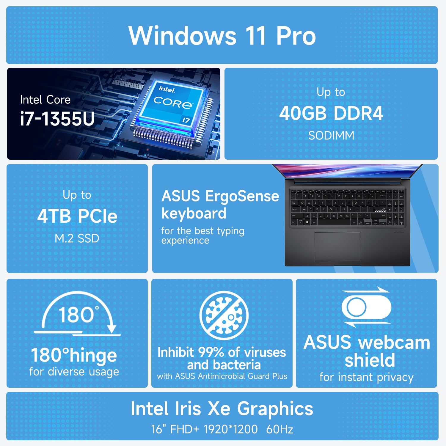 ASUS Vivobook 16 F1605 Business Pro Laptop, 16" WUXGA (1920 x 1200), Intel i7-1355U, 24GB RAM, 1TB SSD, Bundle with PCO Notebook Folding Radiator, Laptop Cooler