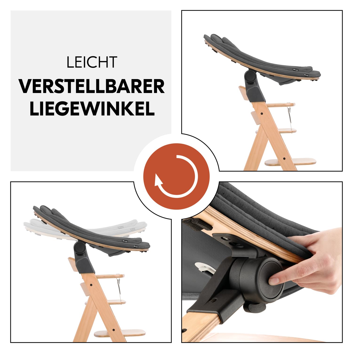hauck Holz Babywippe & Hochstuhlaufsatz, Highchair Bouncer Eco Deep Grey | Ergonomischer 3in1 Neugeborenenaufsatz für Alpha+ & Beta+ hauck Hochstuhl ab Geburt bis 15 kg, 5-Punkt-Gurt, Baumwollbezug