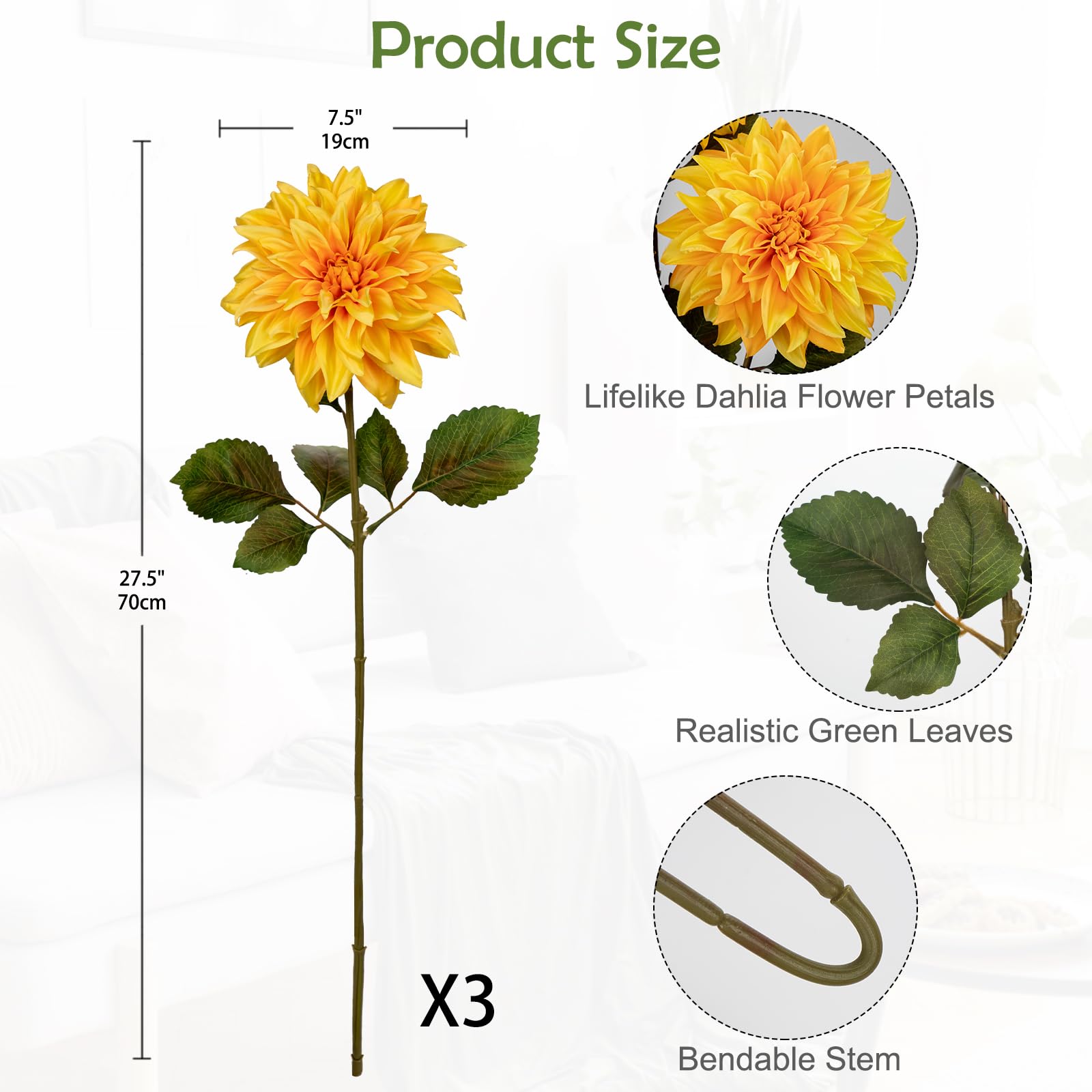 Hollyone 7.5'' Large Artificial Dahlia Flowers with Long Stems, 3pcs Yellow Fake Flowers Faux Dahlias - Image 2