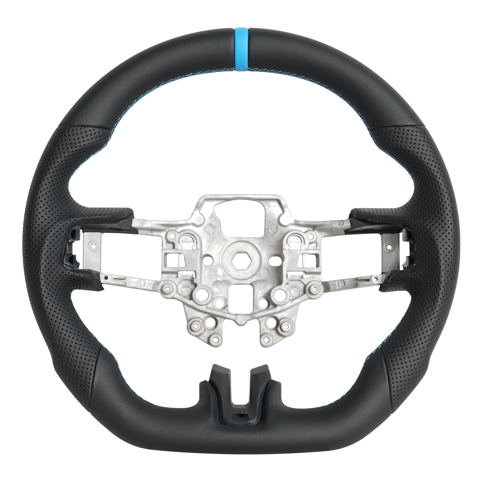 JIANGGAI Full Leather Steering Wheel, D-Shaped Flat Bottom Perforated Leather Grip Blue Stitching & Indicator Steering Wheel Fit for Ford Mustang 2015