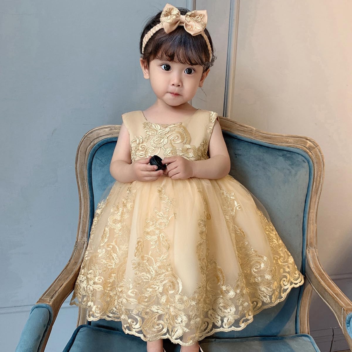 Vestido Infantil para Niñas 2-3 Años Vestido Princesa Pieza Lazo Bordado Color Dorado 8557B de Fiesta Encaje para Piel Sensible