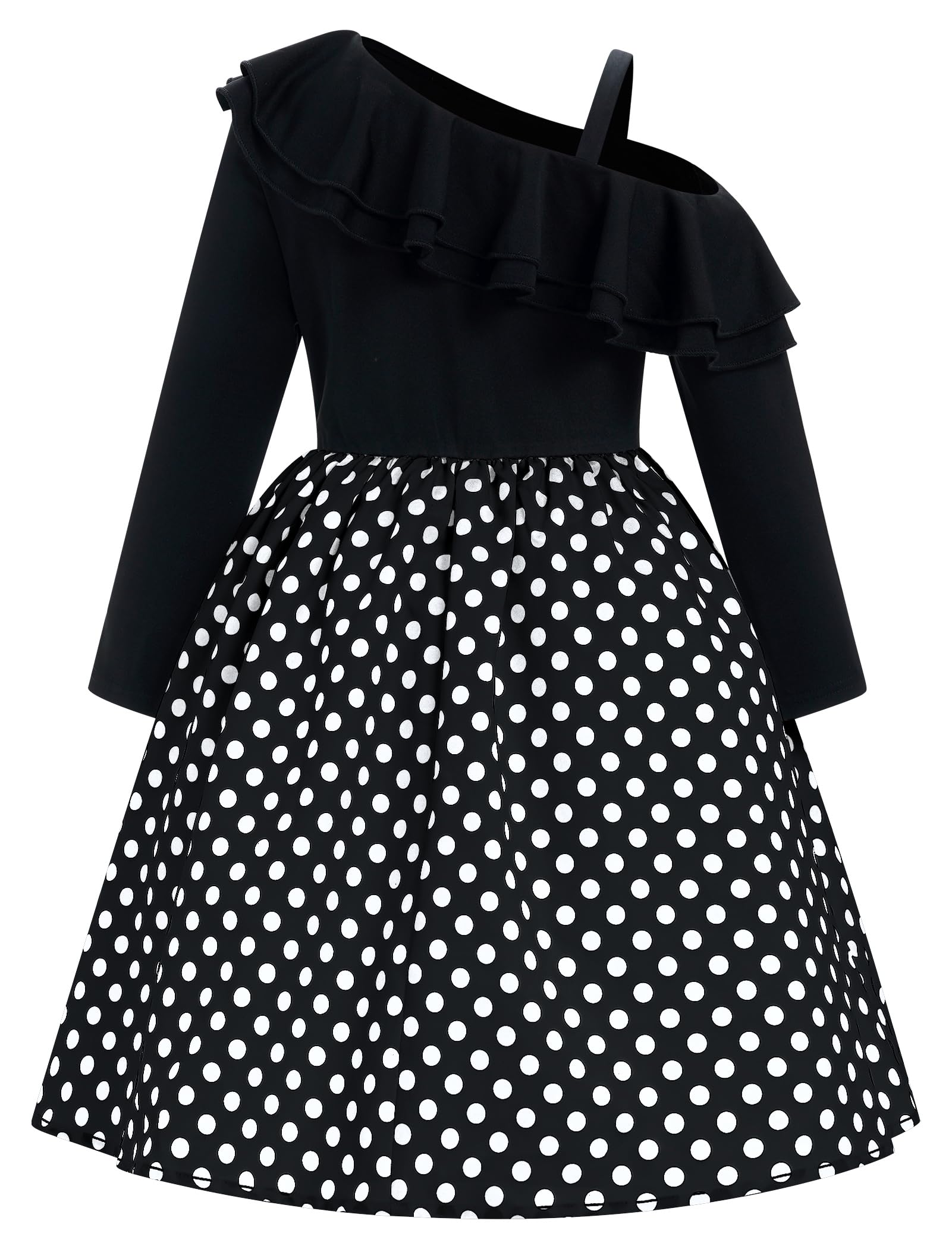 One Shoulder Rüschen Langarm 50er Jahre Vintage Kleider für Mädchen 1950er Jahre Polka Dot Kinder 50er Jahre Rockabilly Geburtstag Party Swing Kleid