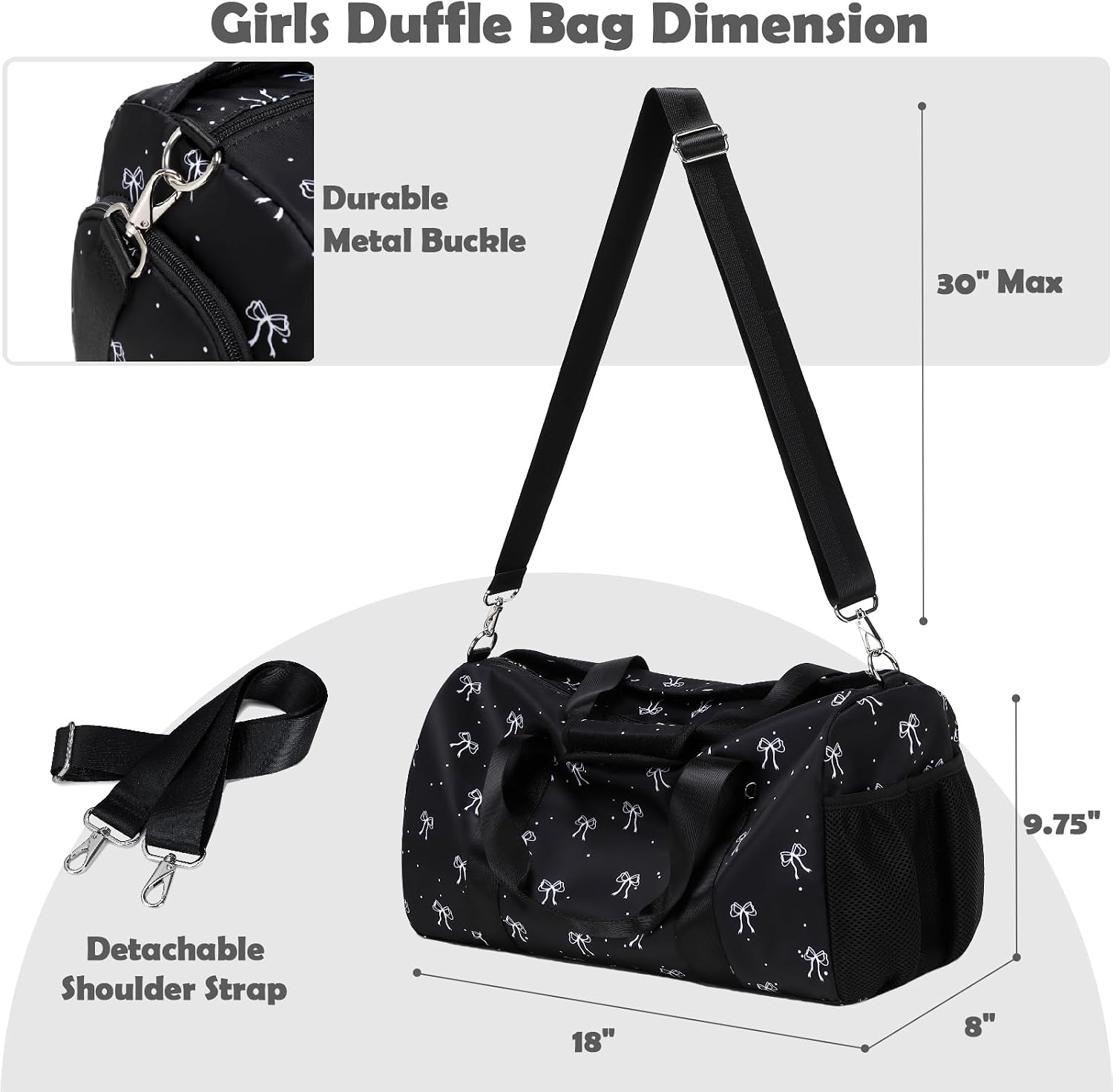 Sports Bag for Girls, Black Duffle Bag for Girls Women Gym Sports Ballet Bag with Shoe Compartments, Girl Women Overnight Weekender Carry On Travel Bag