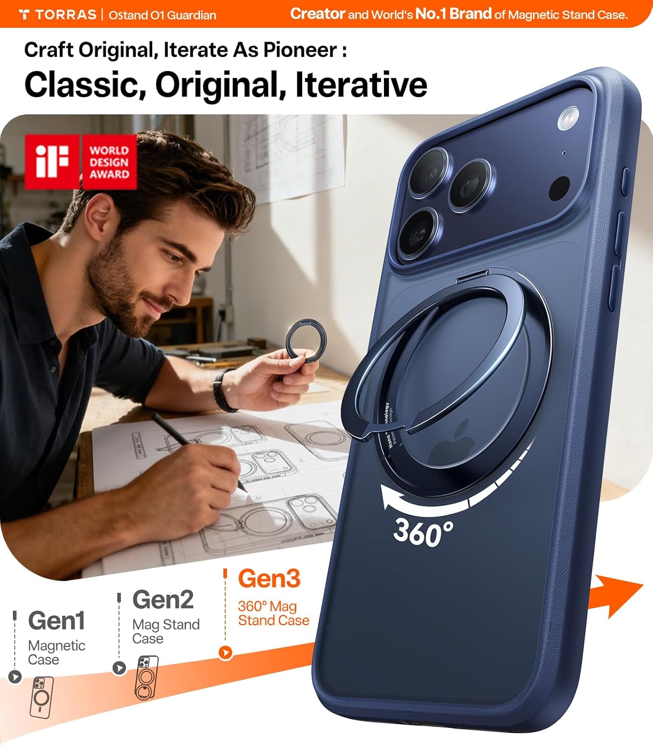 torras upgrade 360 magnetic stand for iphone 17 pro case with camera control button, fit for magsafe, mil-grade protection, slim soft edge translucent back for iphone 17pro 6.3 inch, deep blue 2-deep blue for iphone 17 pro 6.3 inch