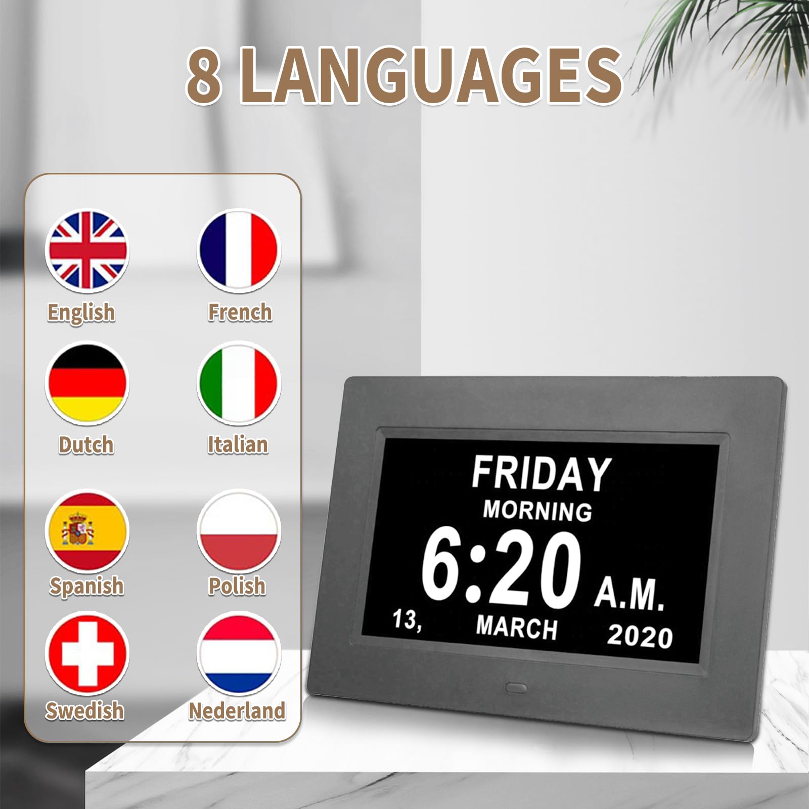 VHV 7 pulgadas LCD reloj digital calendario con fecha día y hora reloj no abetado auto atenuación 8 idiomas HD pantalla recordatorio para Alzheimer ancianos y niños (Negro)