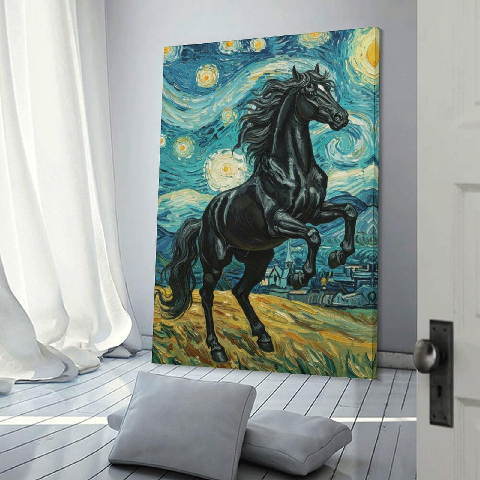 Junmoney Black Horse in Starry Night Style Wall Art Print, 16x24inch(40x60cm), for Entrance Spaces, Stair Walls Or Halls, Home Artwork for First Impressions