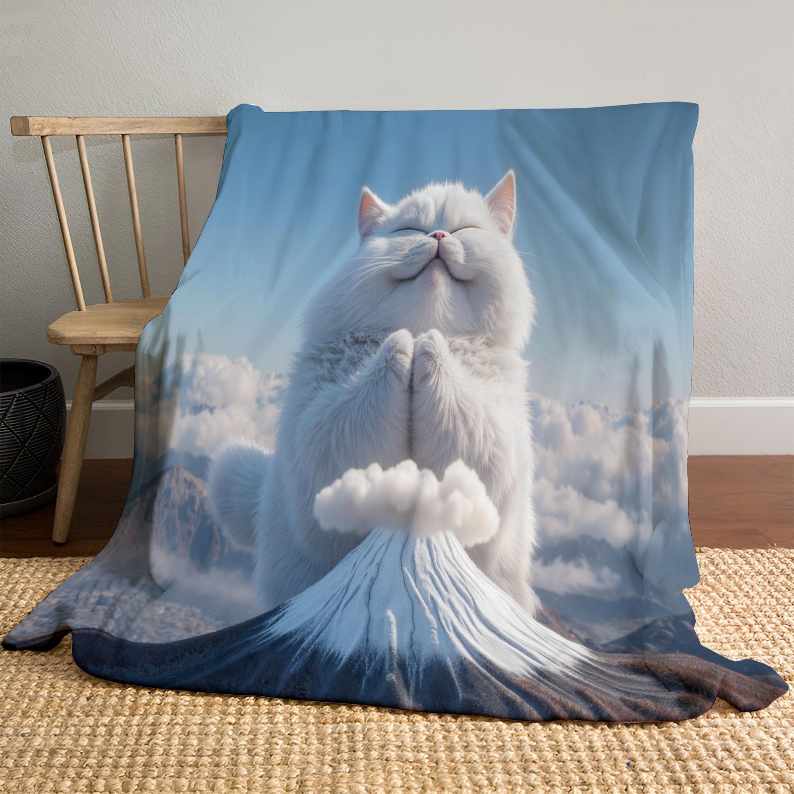 Couverture polaire Mont Fuji chat bleu et blanc 200x220cm en flanelle de lit