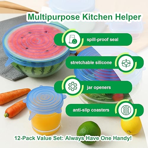 Miniatura 3 de Tapas elásticas de silicona, paquete de 12 fundas reutilizables para alimentos, silicona flexible para cuencos, recipientes, frutas, sello hermético
