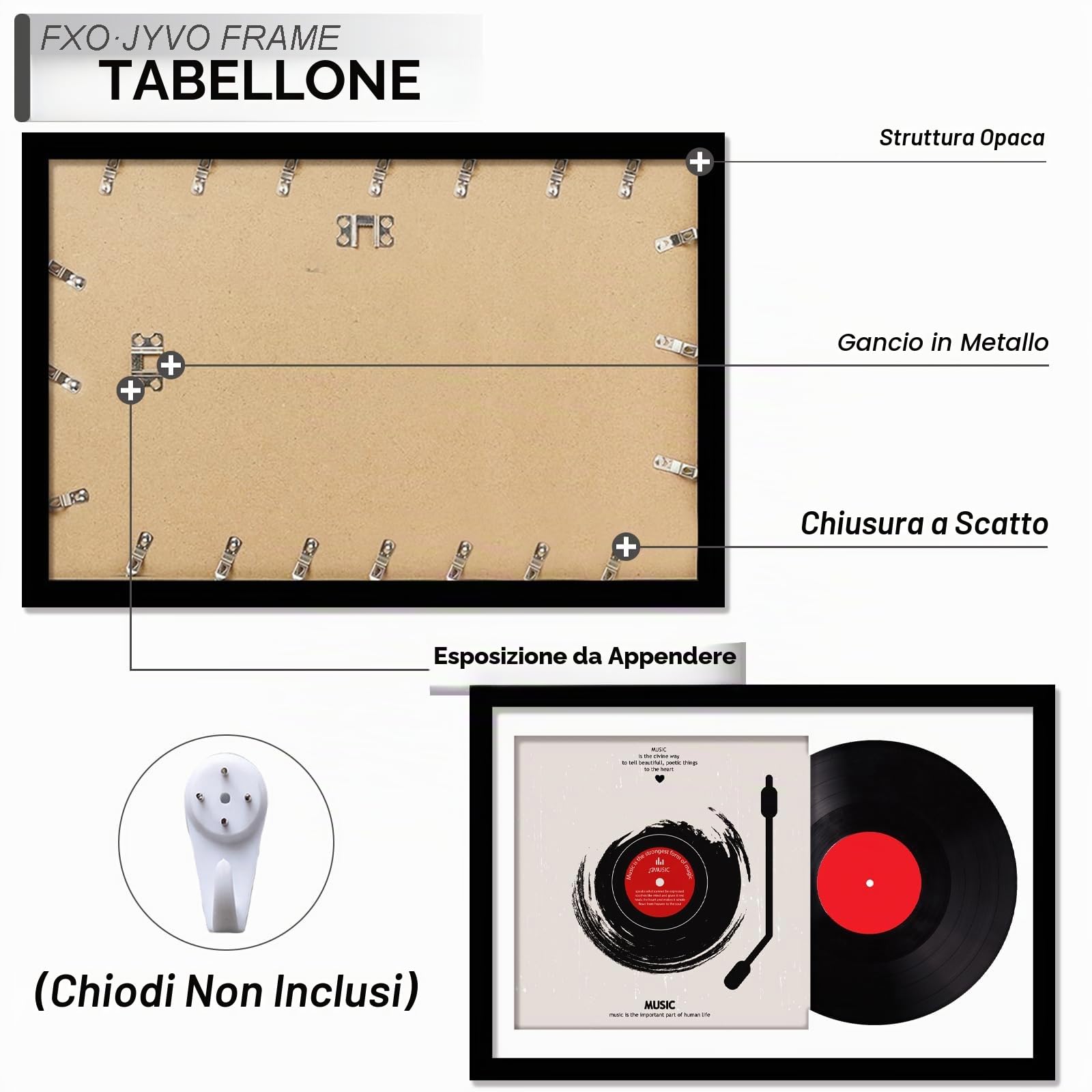 Fxojyvo Cornice per dischi in vinile per la copertina dell'album da parete, cornice nera 40,6 x 61 cm per qualsiasi disco LP da 30,5 cm con custodia, 1 confezione/nero