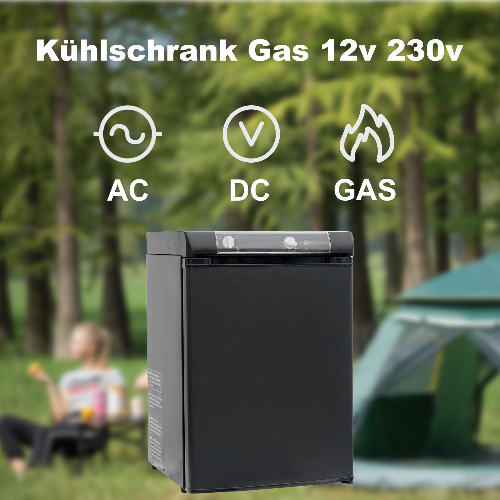 Gas Kühlschrank 60L, Camping Kühlschrank Gas 12V 230V, Wohnmobil Kühlschränk, Absorber Kühlschränk Gäs für Haus, Outdoor, Camping, Schwarz