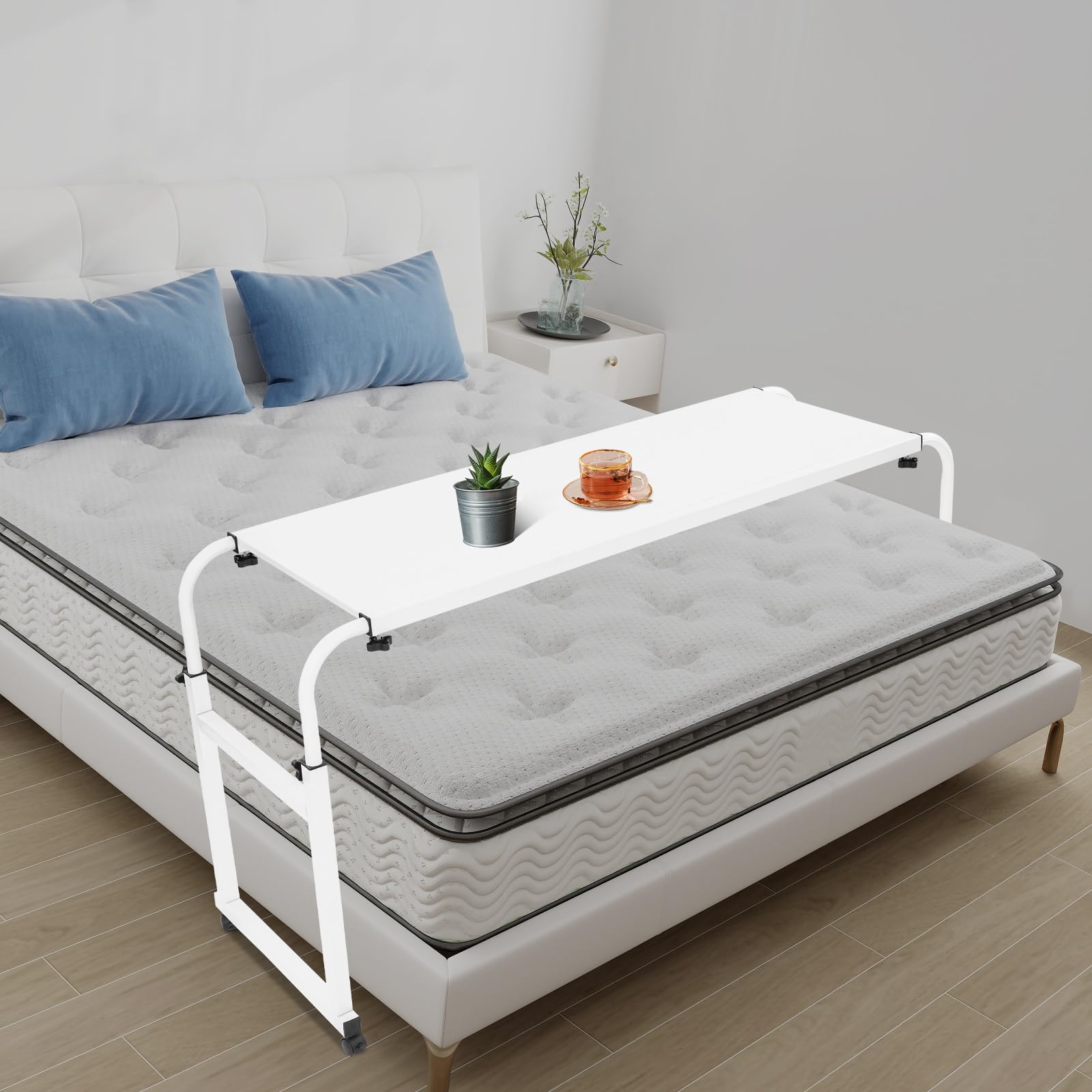 Table de lit avec roulettes, bureau au-dessus du lit, table de chevet, bureau mobile, bureau d'ordinateur portable, pour chambre à coucher, hauteur et longueur réglables