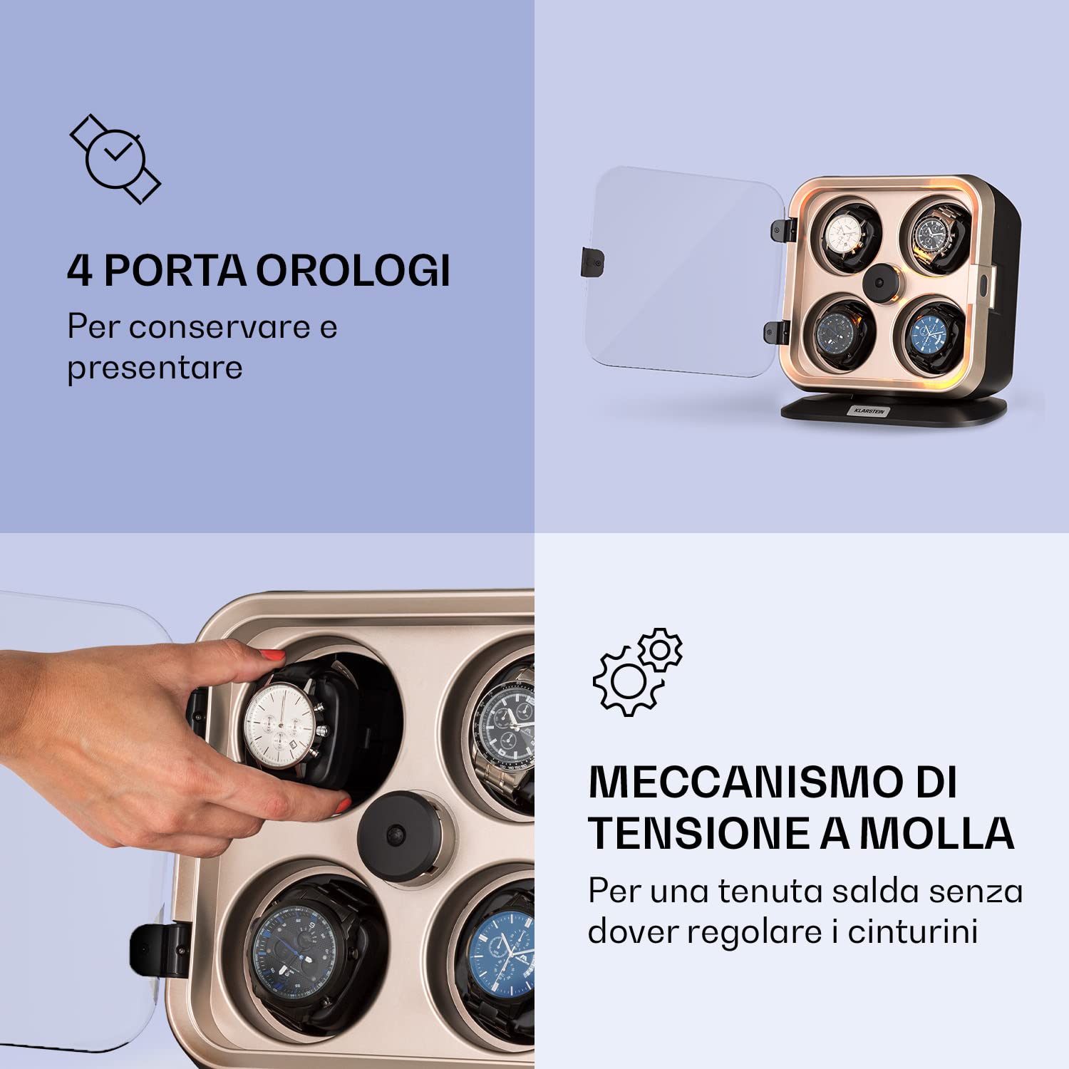KLARSTEIN Scatola del Tempo per 4 Orologi, Carica Orologi Automatici con Vetrina in Acrilico, Porta Orologi Automatici per Uomo e Donna, Watch Winder Silenzioso con LED Blu, 4 Impostazioni TPD