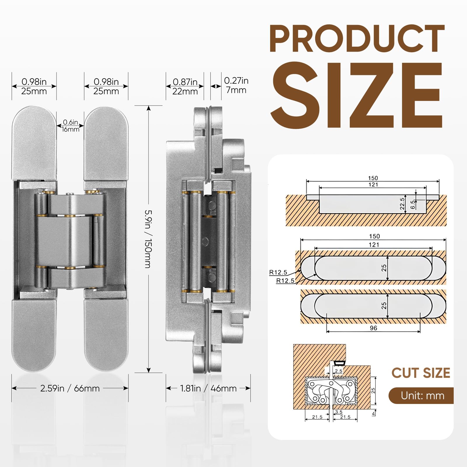 Bisagras de puerta ocultas de 6 pulgadas (2 piezas) – Bisagras de puerta invisibles ajustables de 3 vías, bisagras ocultas resistentes con giro de 180 grados (carga de hasta 88 libras)