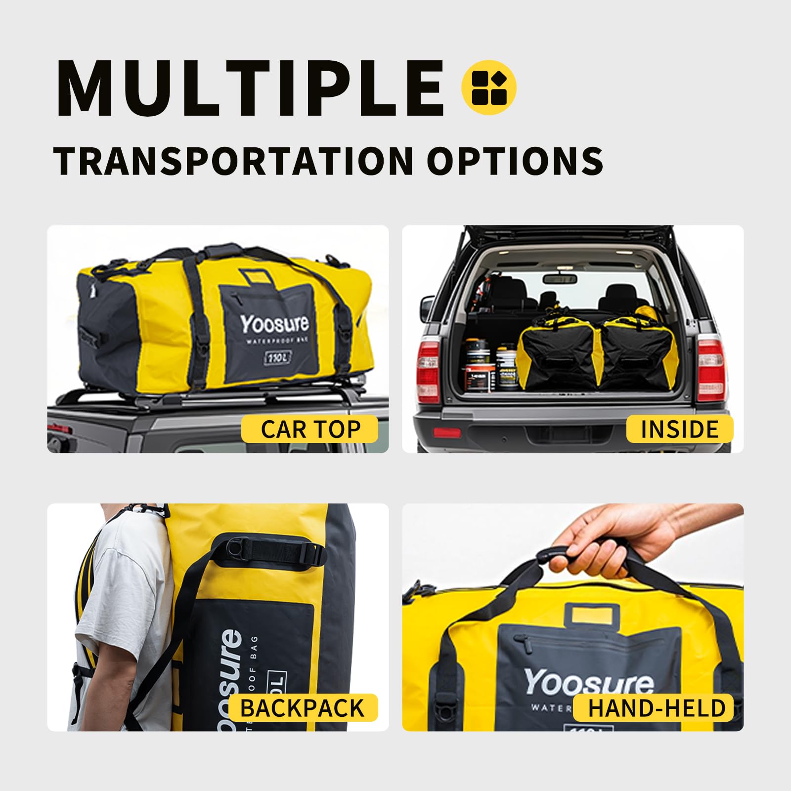 Airtight Zipper Waterproof Duffel Bag 110L- 700D PVC Dry Bag Extra Large Dry Bags with Straps&Handles for Camping Boating Kayaking Rafting Canoeing Gym Beach Car Roof Storage (Yellow)