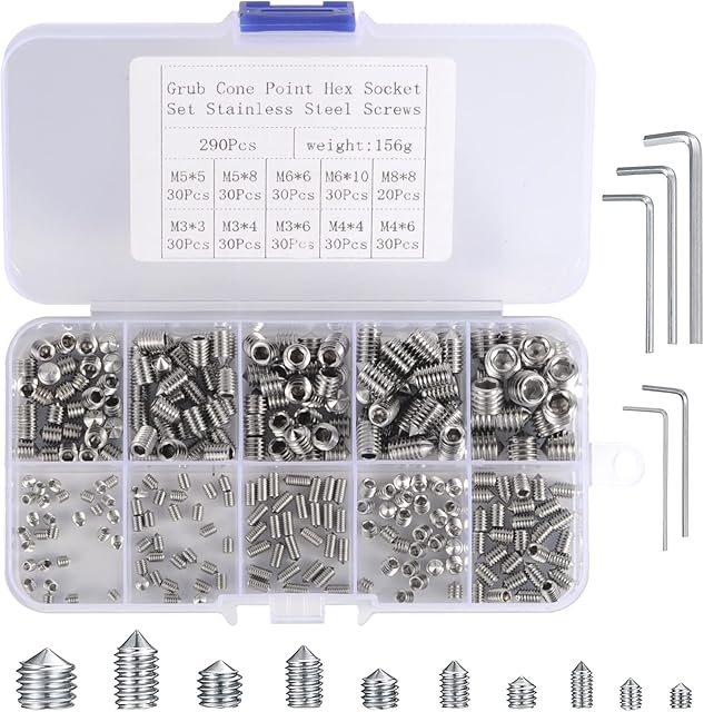 290 Pcs Cone Cup Point Grub Screws M3 M4 M5 M6 M8 Hex Socket Grub Screw Set Mixed A2 304 Stainless Steel Cone Point Screws Metric Thread Assortment Fasteners with 5 Pcs Allen Key for Door Handles