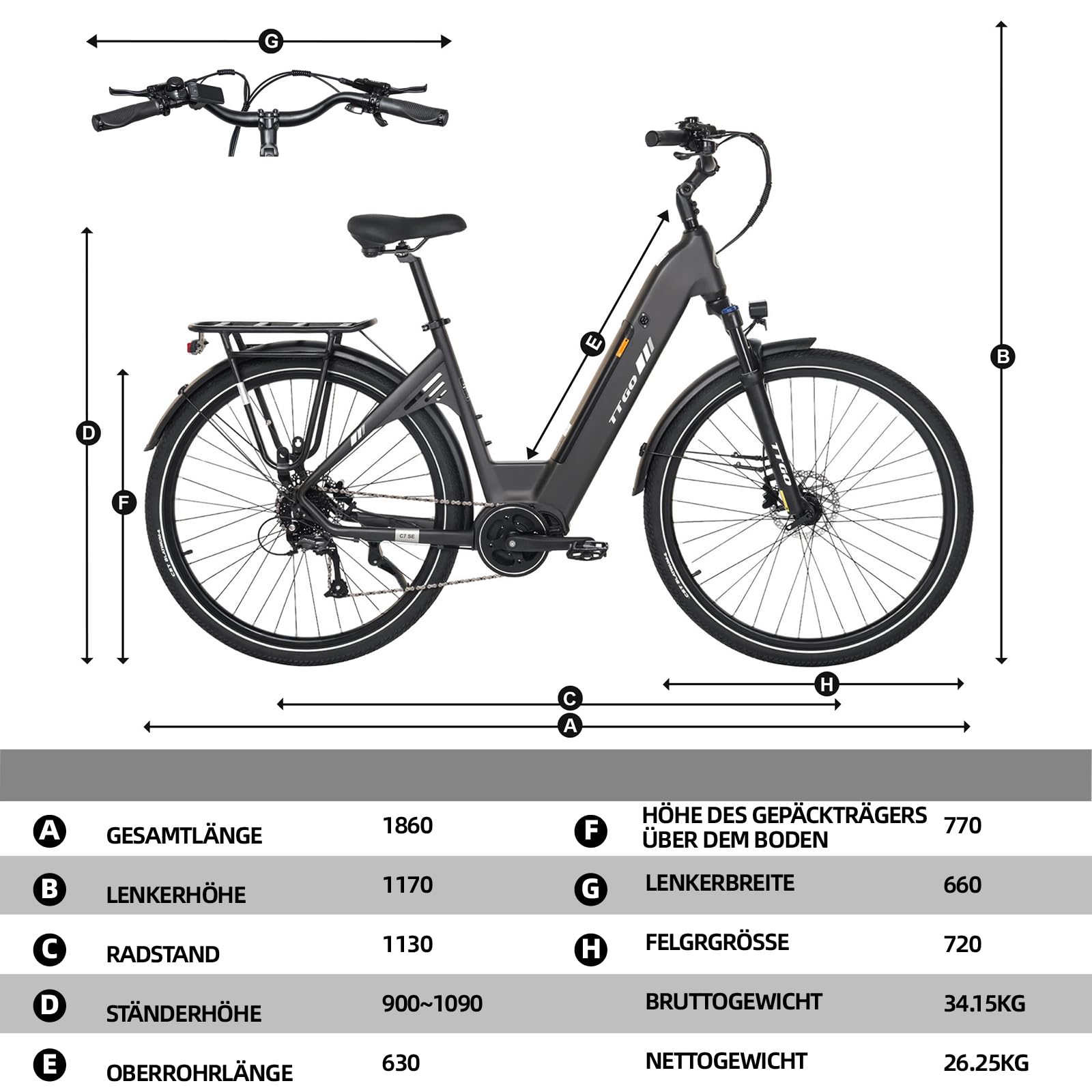 ttgo C7 SE Vélo électrique 28" pour homme et femme avec moteur central de 250 W, batterie 36 V 18 Ah, 9 vitesses jusqu'à 25 km/h, portée de 130 à 150 km, freins à disque hydrauliques
