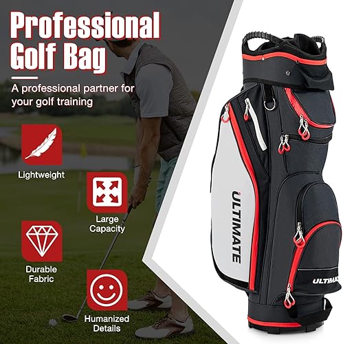 Miniatura 9 de GYMAX Bolsa de golf, bolsa de carrito de golf con divisor de 14 vías con capucha de lluvia y bolsa enfriadora, bolsa de golf impermeable para