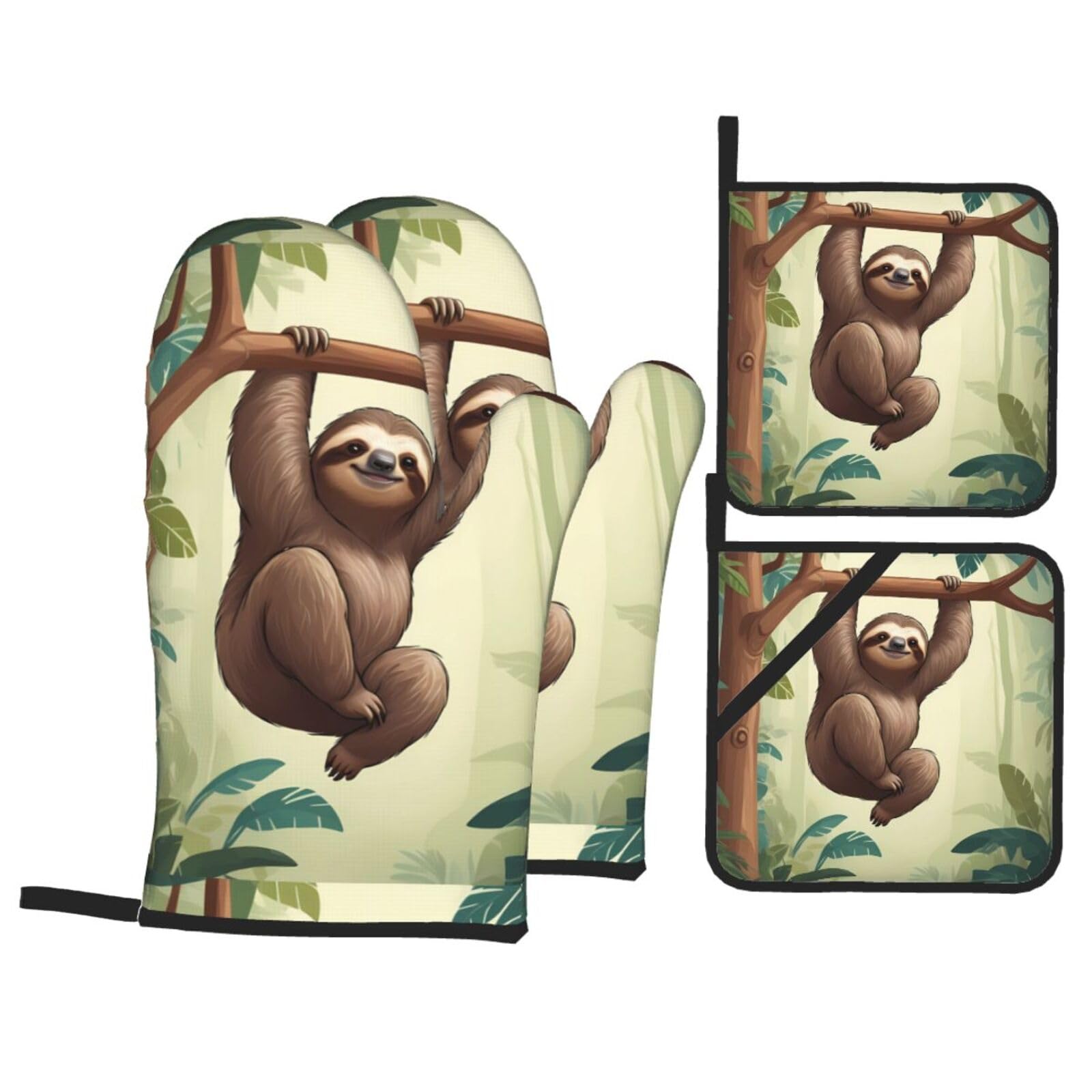 HJFCZH Sloth Climbing A Tree Picture Kitchen Baking Set of 4 Thick Insulated Oven Mitt & Pot Holders, Anti-Scalding for Microwave, Oven, Outdoor BBQ