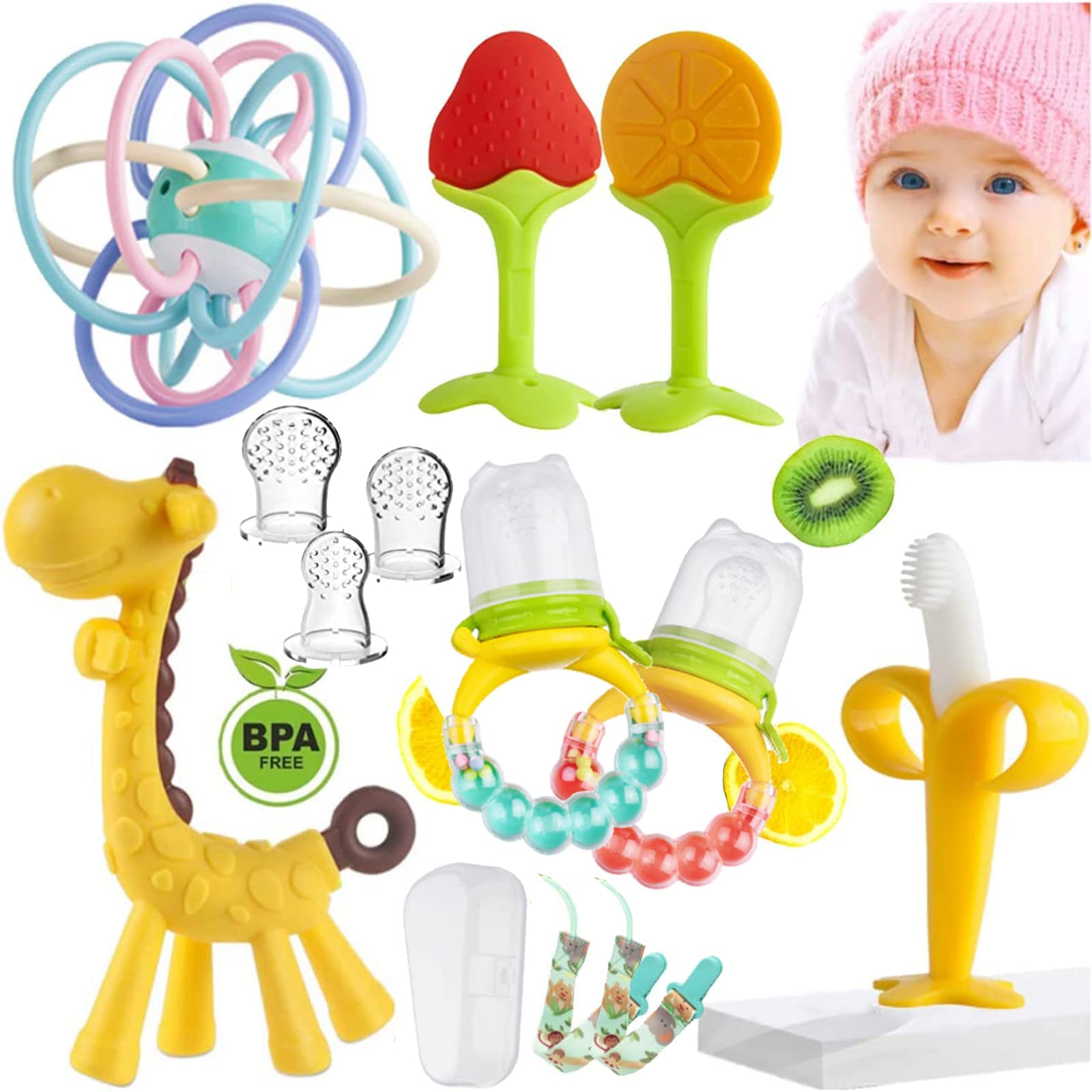 Beauenty Baby Teething Toys Set, Baby Teether Chew Toys Silicone BPA-Free, for Babies 0-12 Months, Soothe Babies Gums Baby Silicone Teethers for Newborn Infants (A)