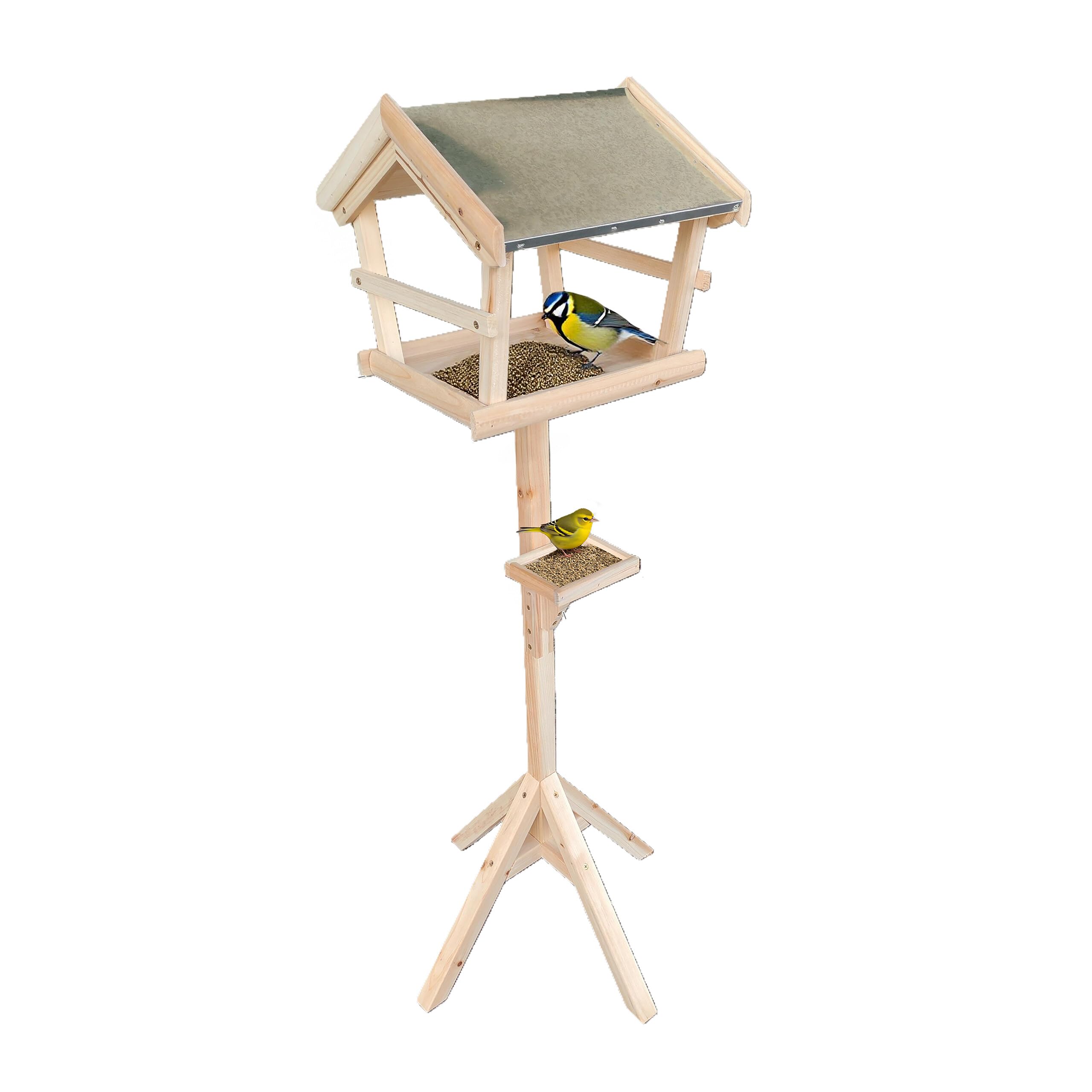 Relaxdays Bird Feeder with Stand, Weatherproof Roof, Garden, Balcony & Terrace, Birdhouse, Spruce Wood, Natural
