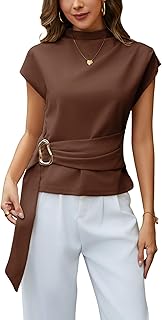 Women Buckle Tie Top Stand Collar Belted Short Sleeve Elegant Summer Cas...