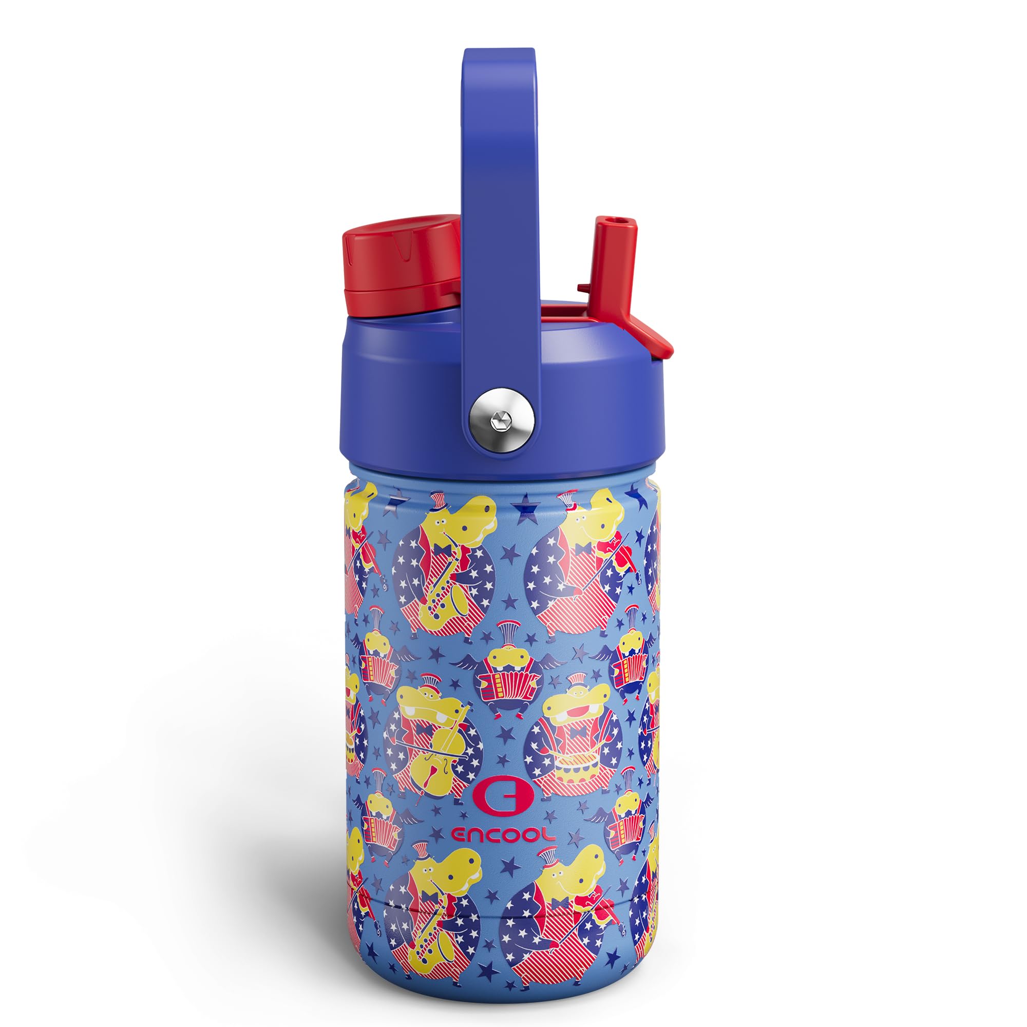 Kids Insualated Water Bottle with Straw,12oz Stainless Steel Water Bottle with Dual Spouts, Leak-Proof,BPA-Free,Double Wall Vacuum Keeps Cold for 24 Hours for Sports,Travel,School (Blue Hippo Parade)