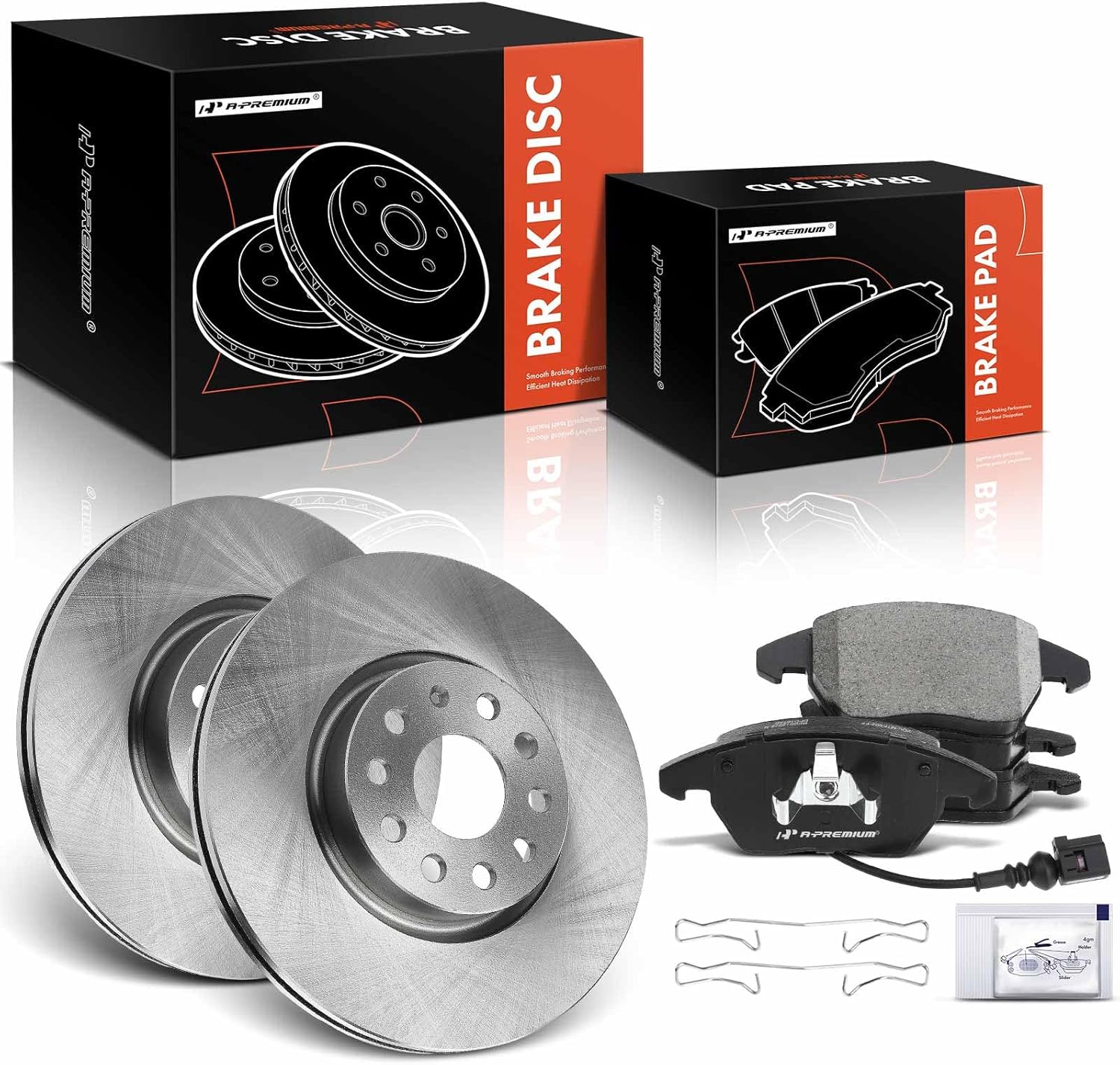 A-Premium 12.28 inch (312mm) Front Vented Disc Brake Rotors + Ceramic Pads Kit Compatible with Select Volkswagen, Audi Models - Jetta, Passat, Passat CC, Beetle, CC, Eos, GTI, TT, A3, 6-PC Set