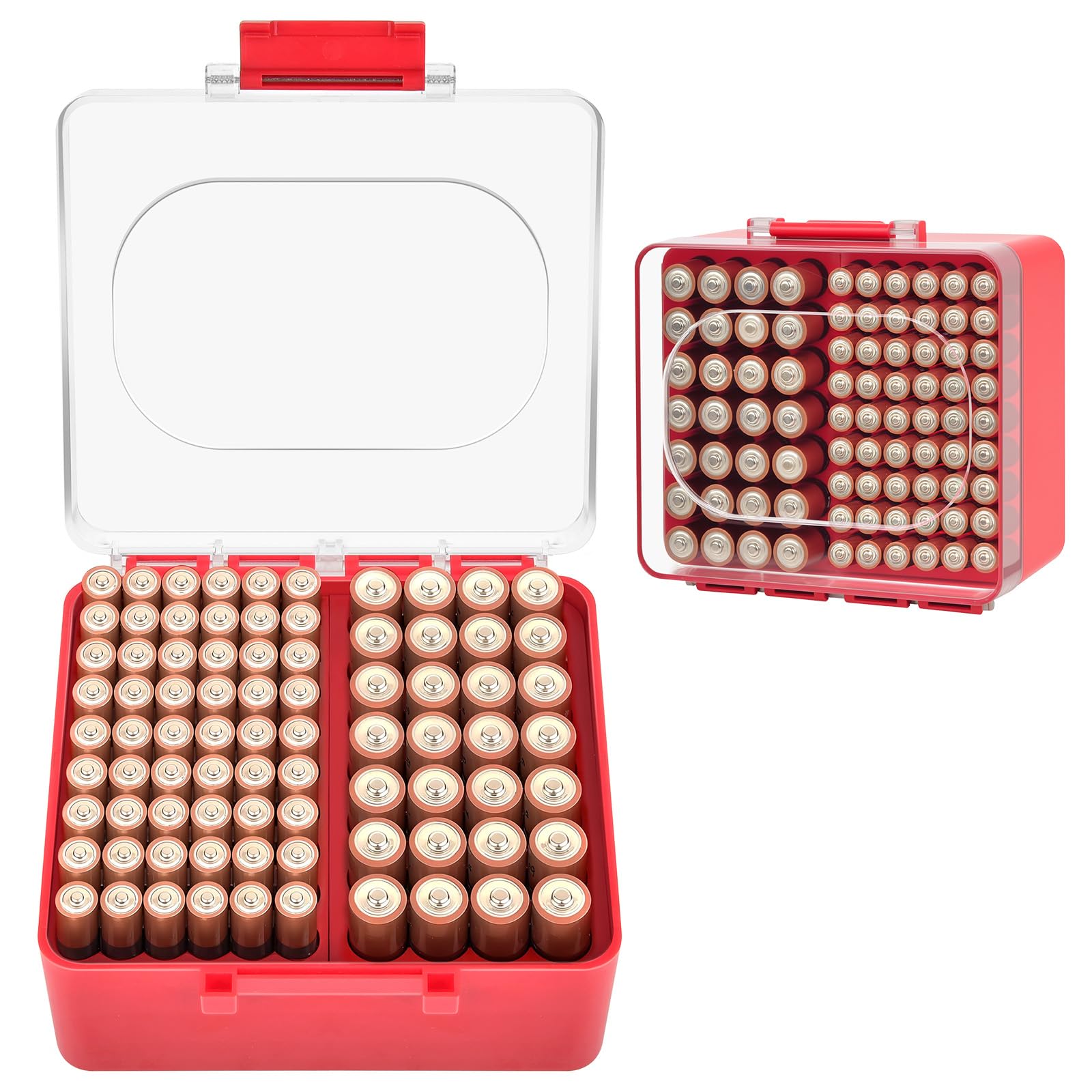 FULLCASE Battery Storage Organizer Box, Holder Container for 56 AA Batteries, Plastic Home Batteries Variety Pack Protective Organization(Case Only) Red — view 12