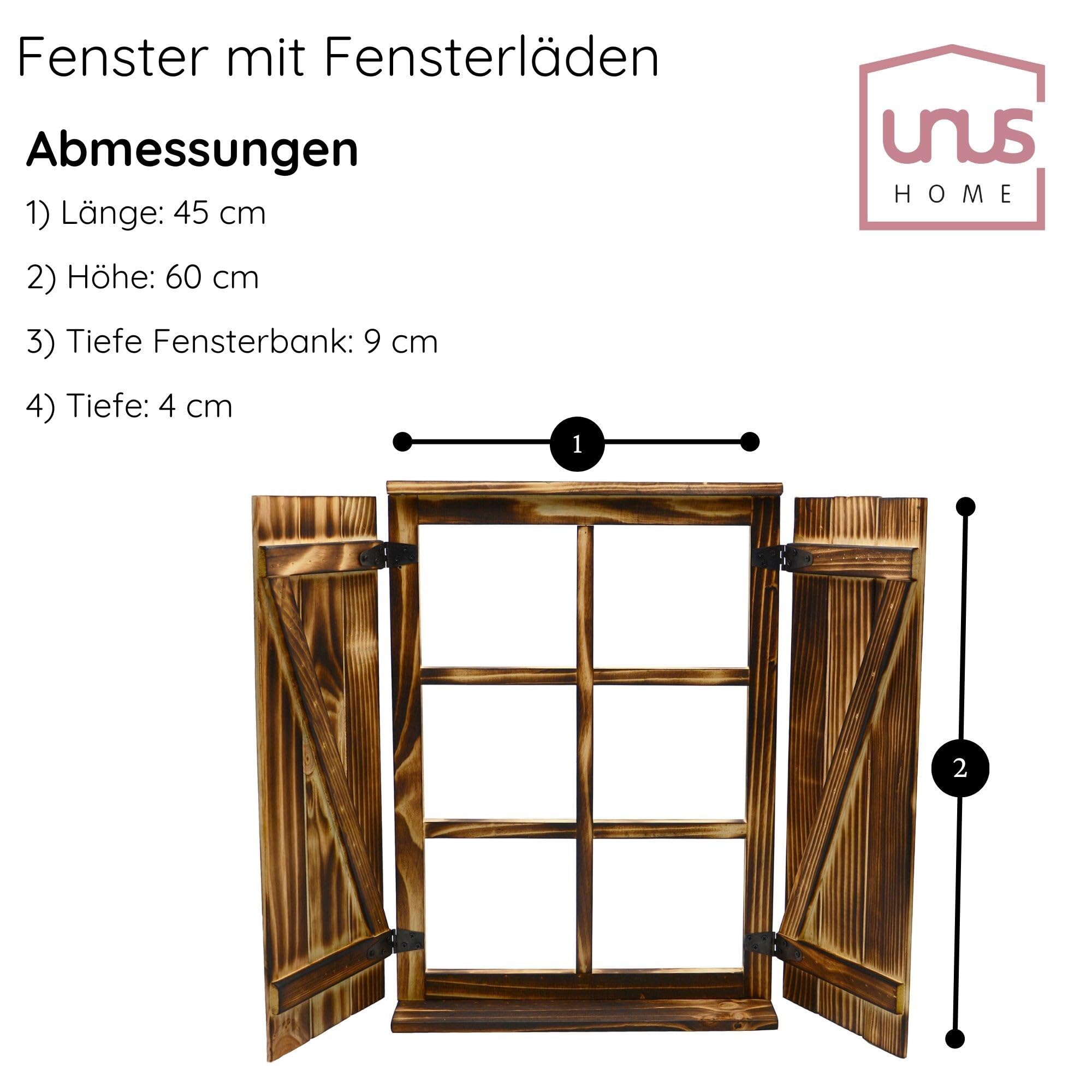 UNUS Fenêtres décoratives à croisillons avec volets en bois flammé - Cadres de fenêtre en bois - Cadres de fenêtre décoratifs - Cadres de fenêtre en bois