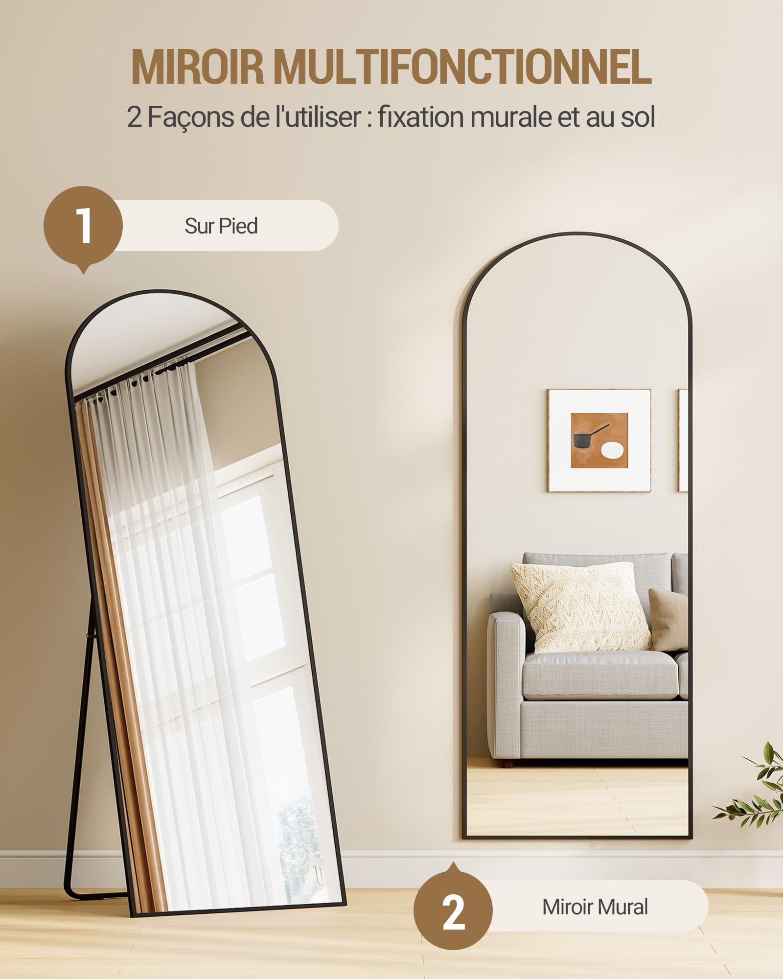 Miroir Intégral sur Pied 160x50 cm Verre Trempé Cadre Aluminium Noir