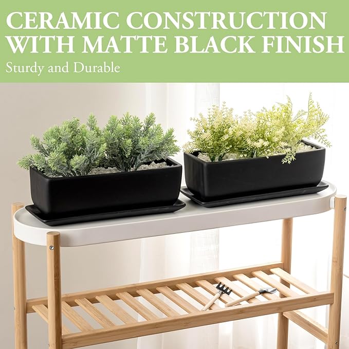 The MyGift 14-Inch Rectangular Modern Black Ceramic Succulent Planter Pot is a stylish and functional option for indoor plant enthusiasts. This set comes with two planters, each featuring a sleek black ceramic design that will complement a variety of home decor styles. The rectangular shape of the pots adds a modern touch, making them perfect for showcasing succulents, cacti, or other small plants.