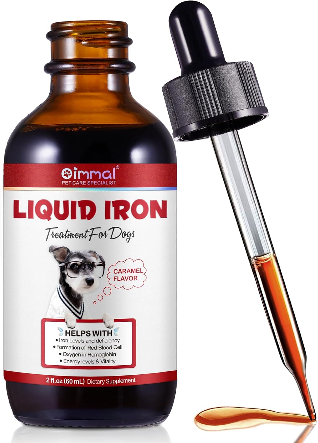 Liquid Iron Drops for Dogs,Iron Supplements for Dogs with Folate & Vitamin B12, Promotes Blood Health, Improve Anemia, Low Enery Levels and Lethargy, Caramel Flavor -60ml
