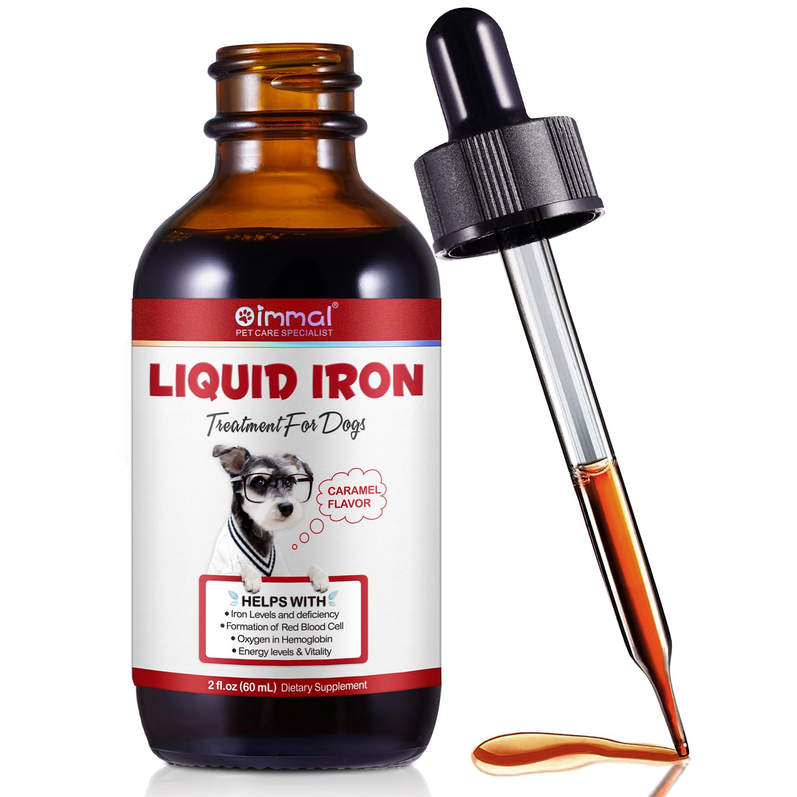 Liquid Iron Drops for Dogs,Iron Supplements for Dogs with Folate & Vitamin B12, Promotes Blood Health, Improve Anemia, Low Enery Levels and Lethargy, Caramel Flavor -60ml