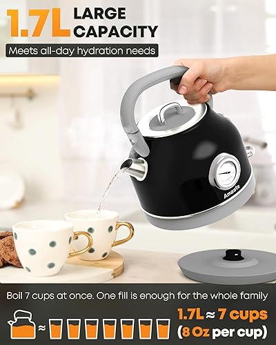 Miniatura 6 de Amaste Hervidor eléctrico, hervidor de té eléctrico retro con termómetro, hervidor de agua caliente de 57 onzas para café y té, acero inoxidable