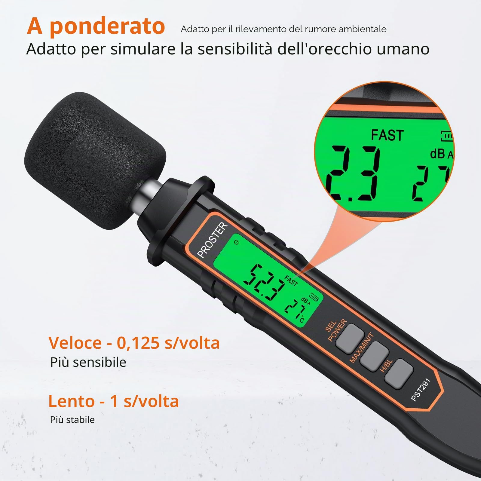 Proster Misuratore di Decibel Digitale 30dB a 130dB Portatile con Funzione di Temperatura A-Pesato Max/Min Risposta Veloce/Lenta LCD Retroilluminato Ideale per Ambienti di Lavoro Uffici e Fabbriche